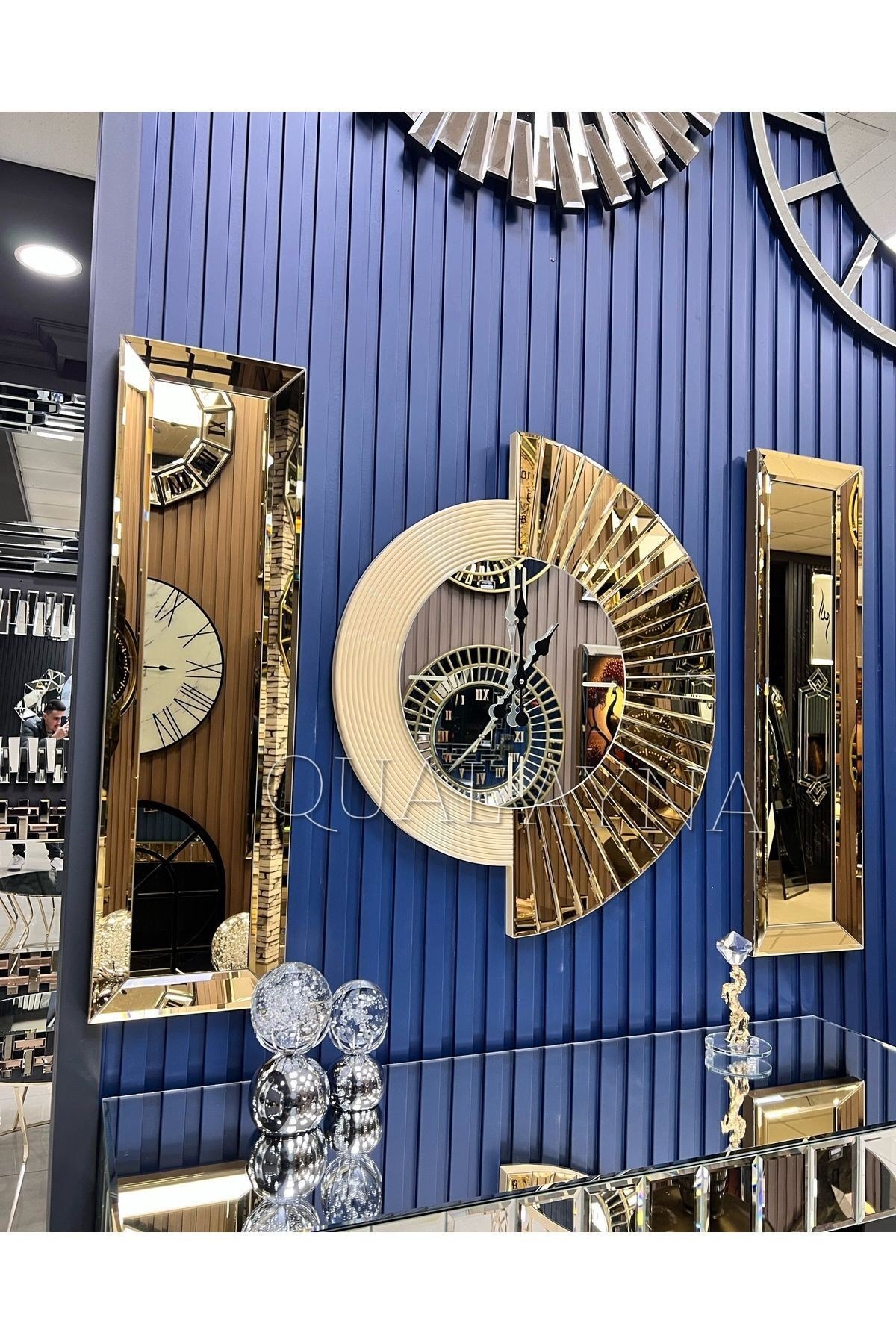 3’lü Gold Aynalı 70 cm Çapında Yelpaze Saat ve 25*90 cm Gold Aynalar Seti