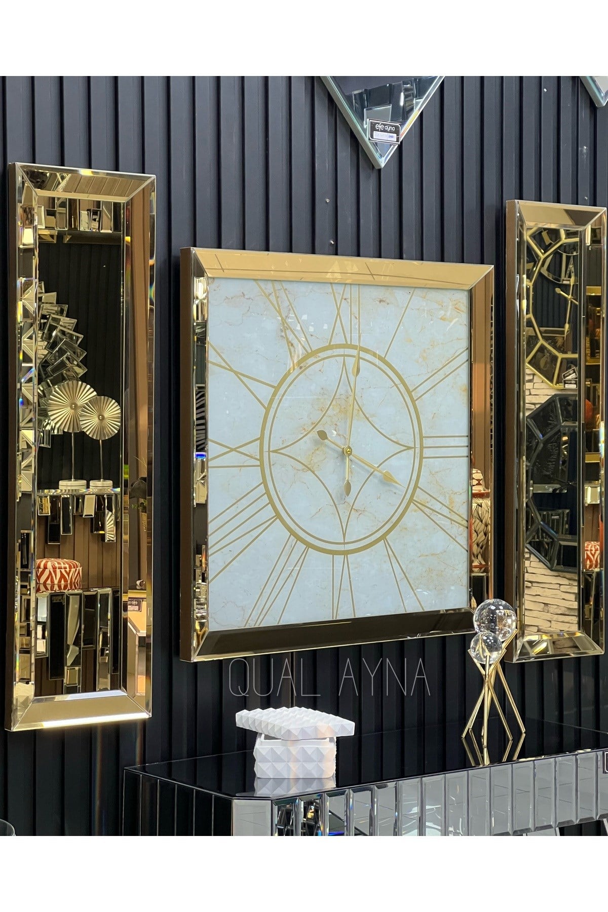 3’lü GOLD AYNALI MERMER DESEN SAAT SET