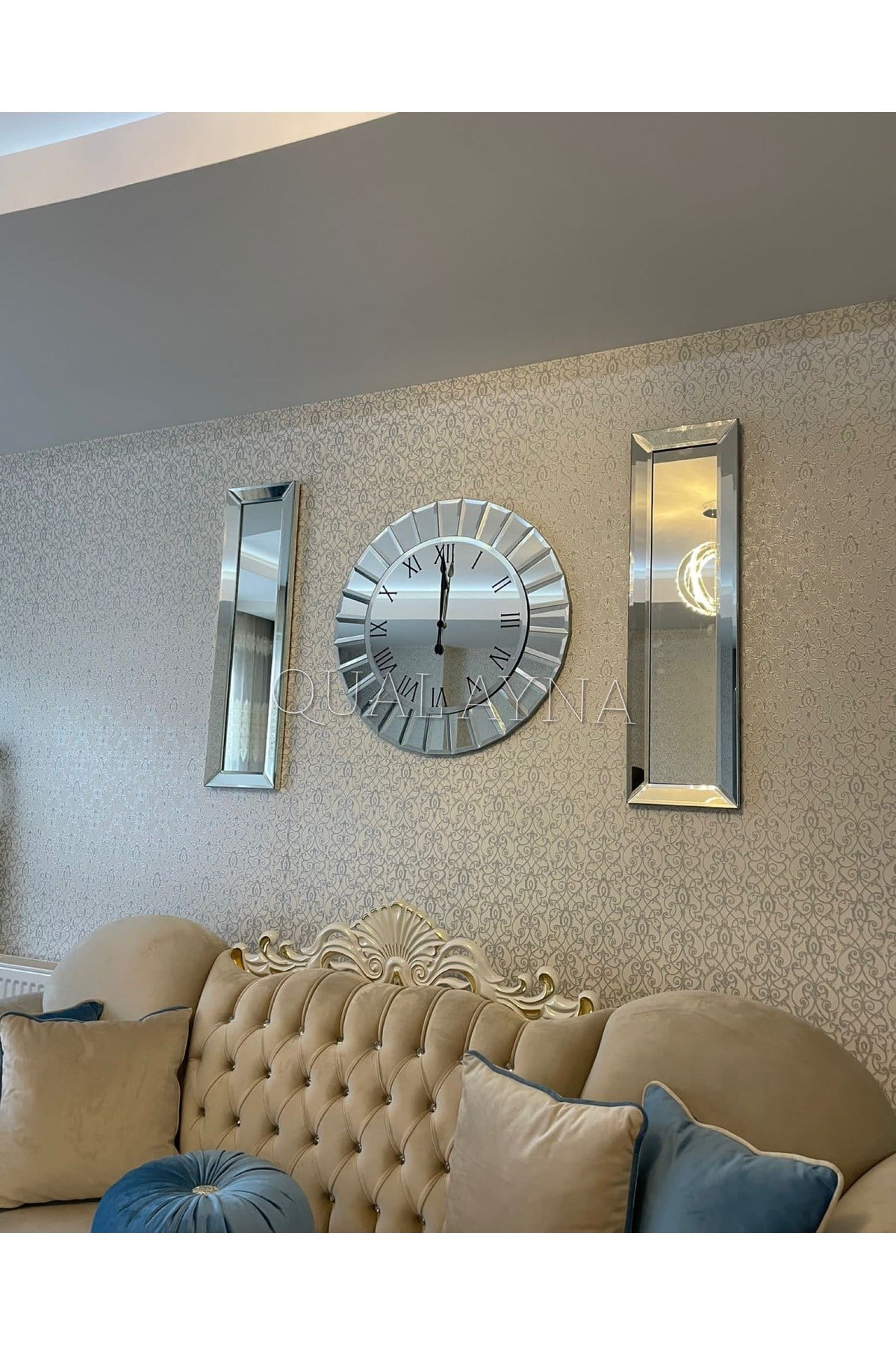 3’lü Gümüş Çizgi Saat ve 25*90 cm Aynalar Seti