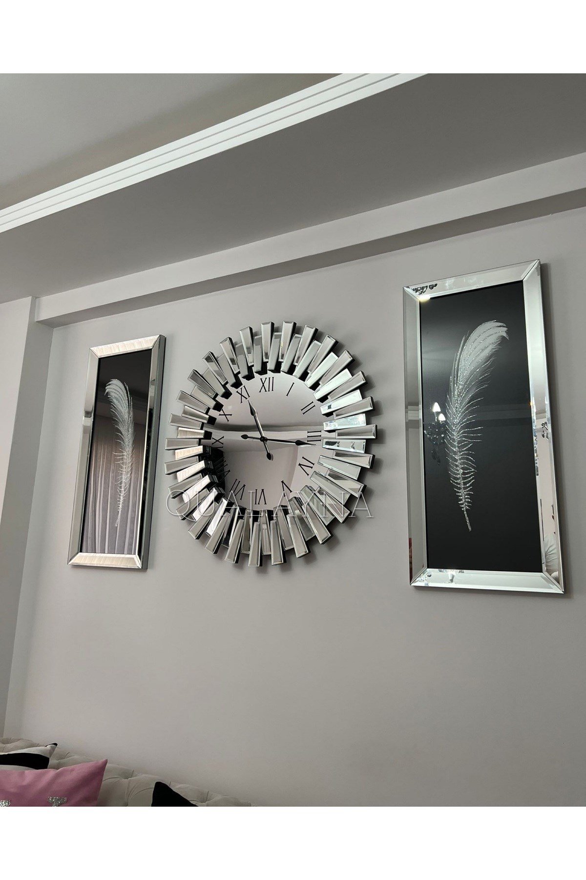 3’lü Gümüş Renk 65 cm Piyano Saat ve 30x70 cm Tüy Tablo Seti
