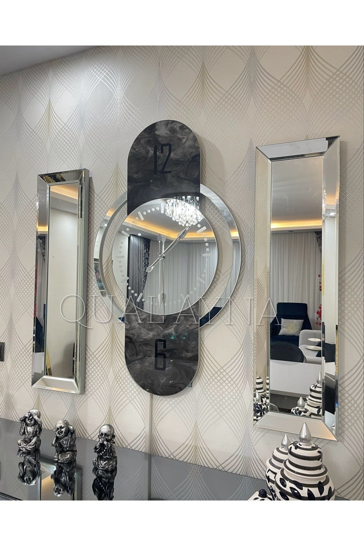 3’lü Gümüş Renk Kupa Saat ve 25*90 cm Yan Aynalar Set