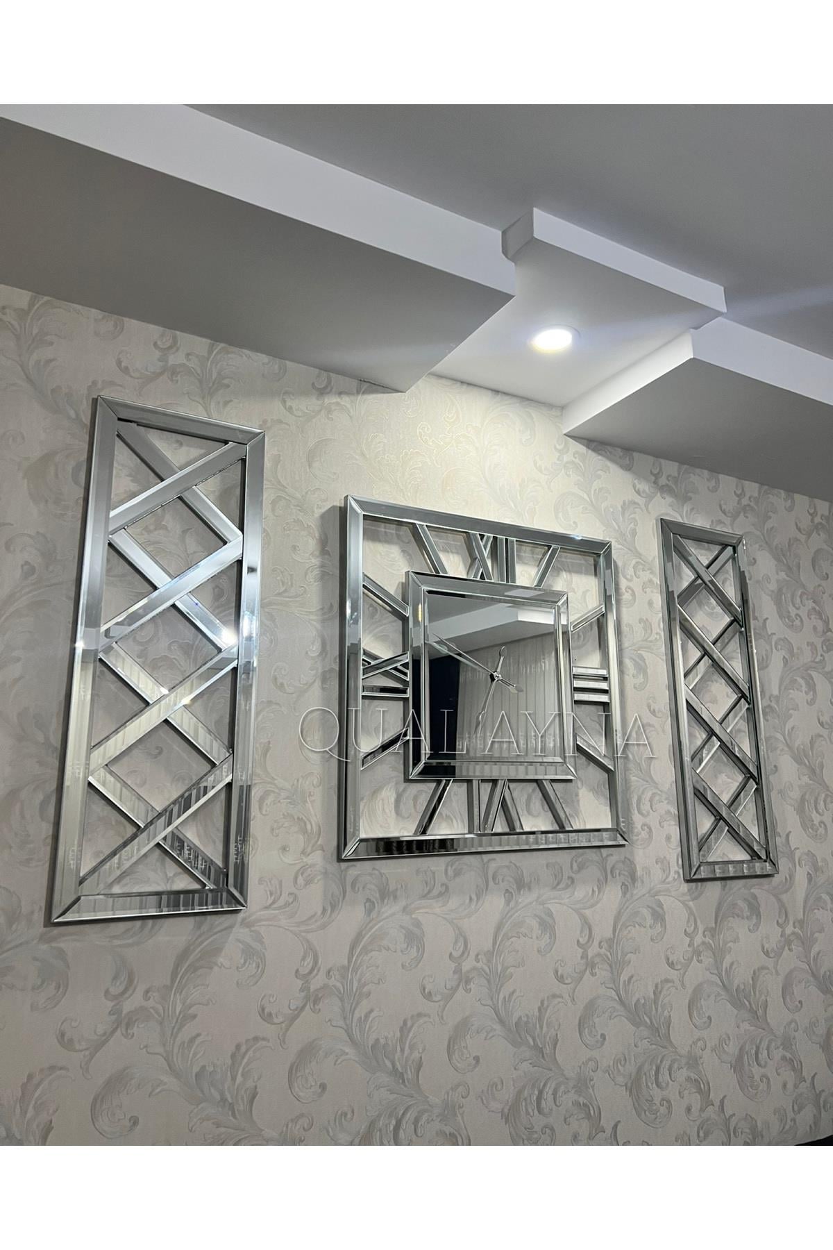 3’lü Gümüş X Model Duvar Saati(80*80 cm) ve Dekoratif Aynalar Seti(35*100 cm)
