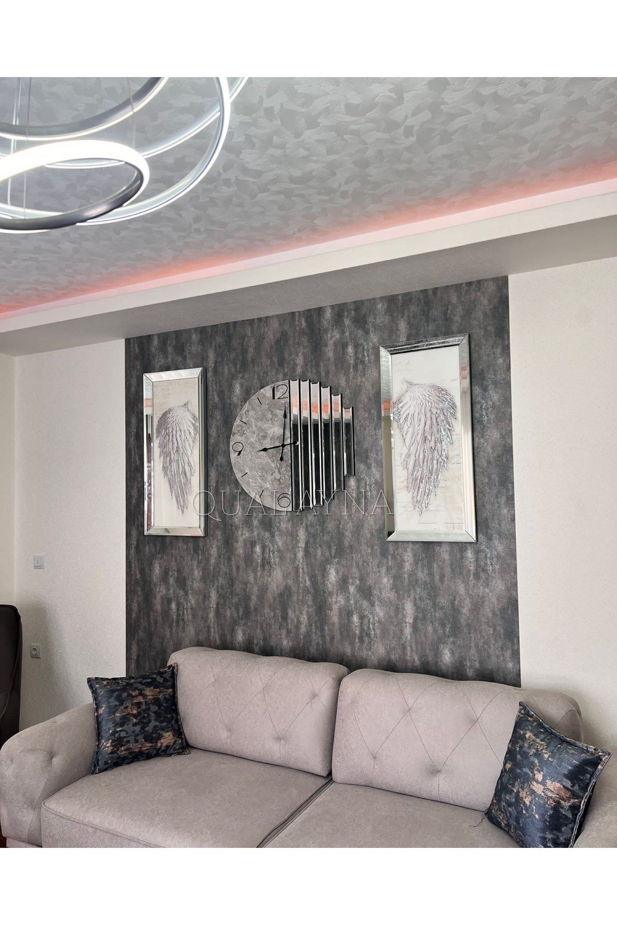 3’lü Ritmik Saat ve 40x90 cm Melek Kanadı Tablolar Seti