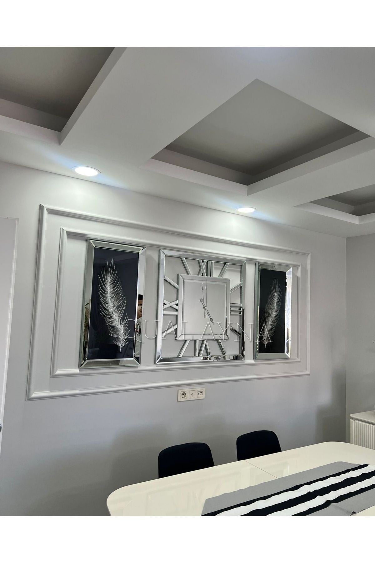 3’lü X Model 80*80 cm Aynalı Duvar Saati ve 40*90 cm Tüy Tablolar