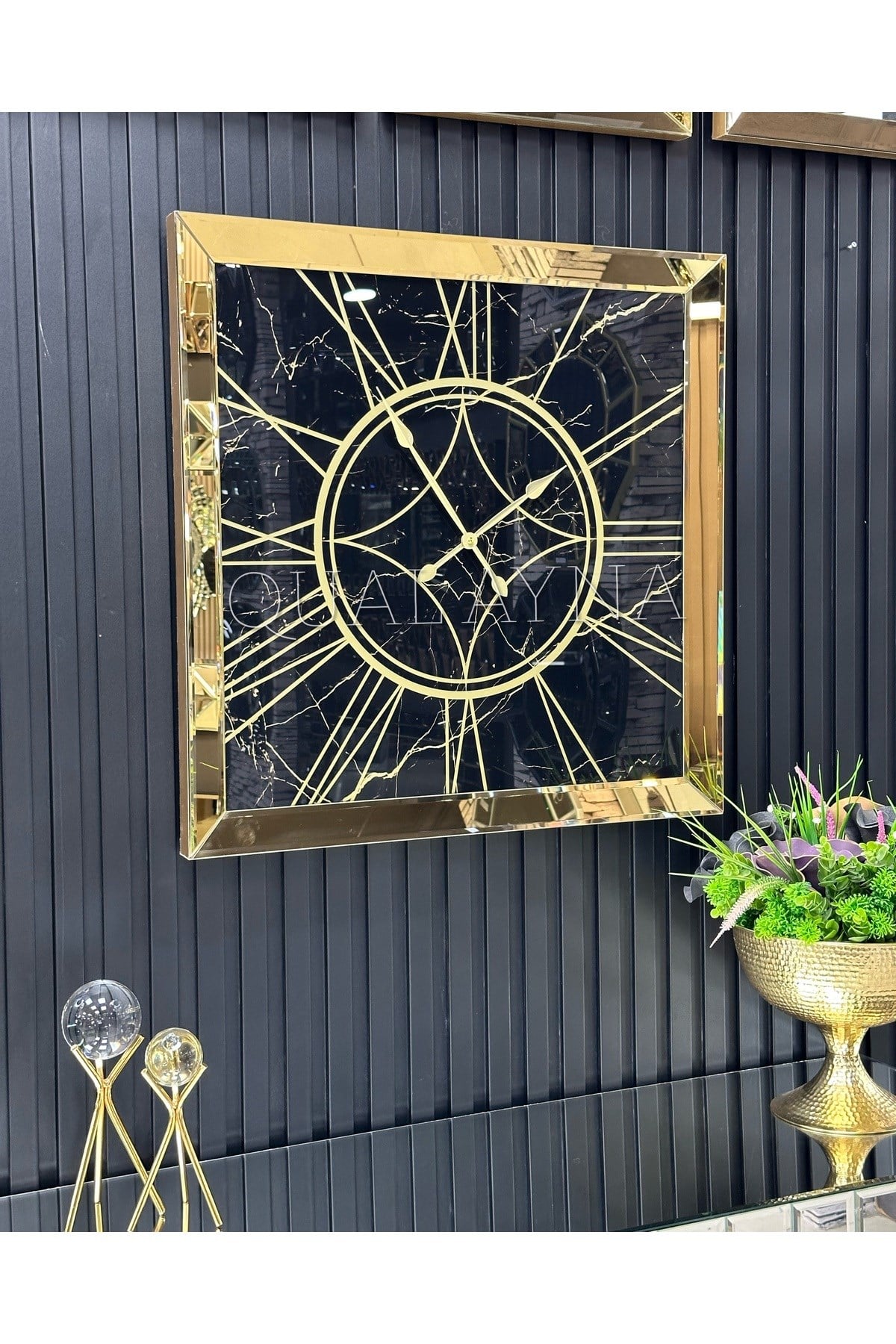 70*70 cm Gold Mermer Desenli Aynalı Saat