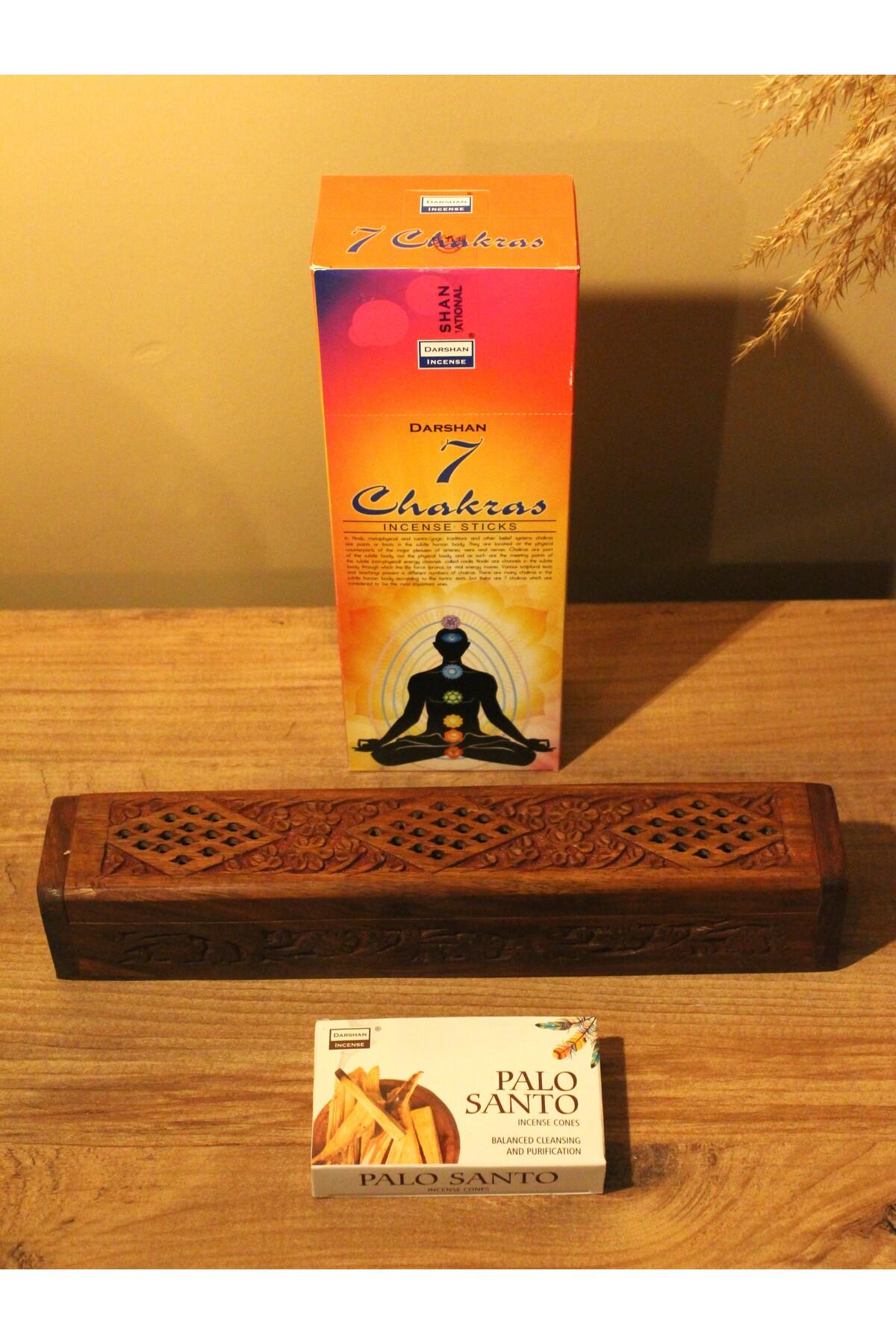 Ağaç Tabut Tütsülük & 10 Adet Palo Santo Konik Tütsü & 7 Çakra Çubuk 6lı Paket 250 Adet Tütsü