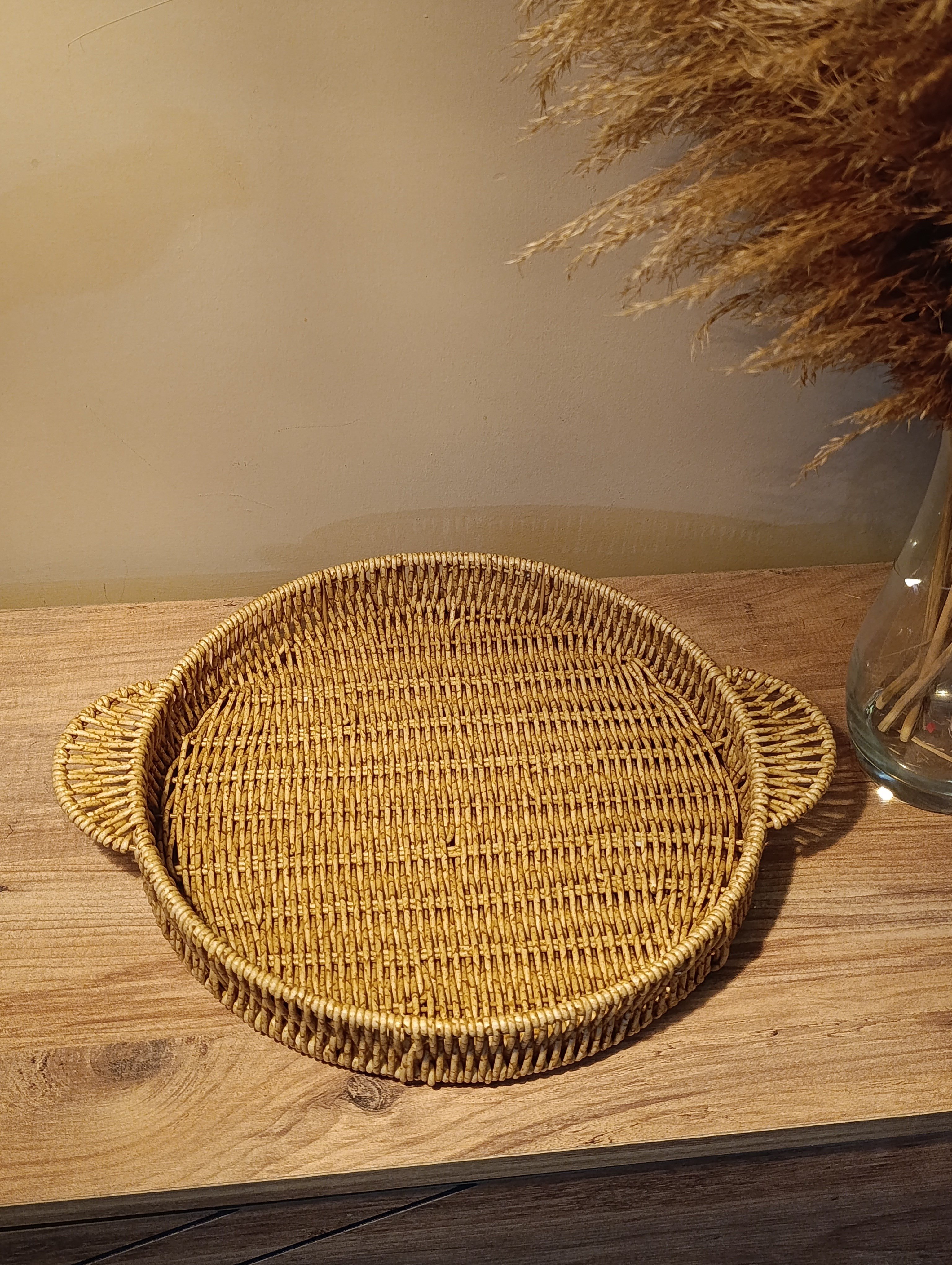 Hasır Rattan Sunum Tepsi Orta Boy Organizer Yuvarlak
