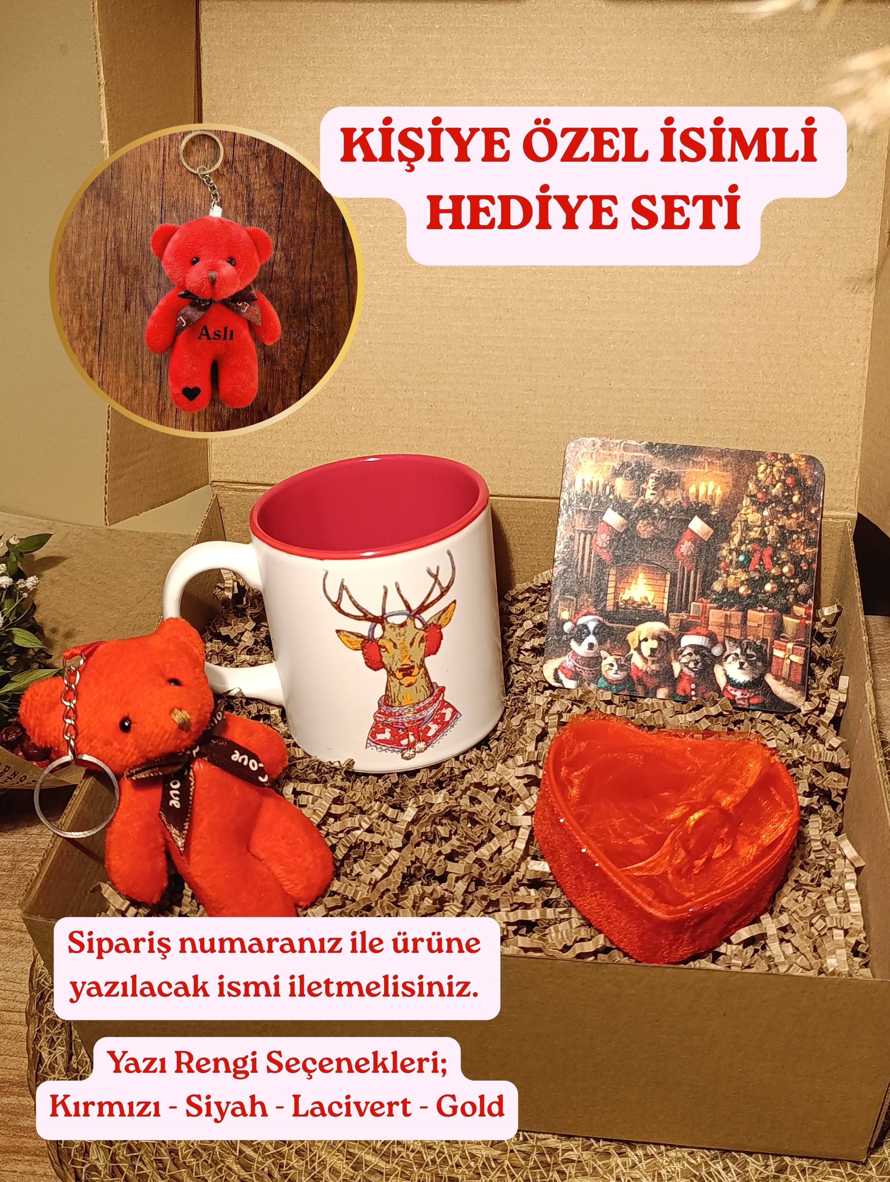 Hediye Seti Kırmızı Ayıcık Anahtarlık - Geyikli Kupa - Bardak Altlığı - Kalp Şeklinde Tüllü Kutu