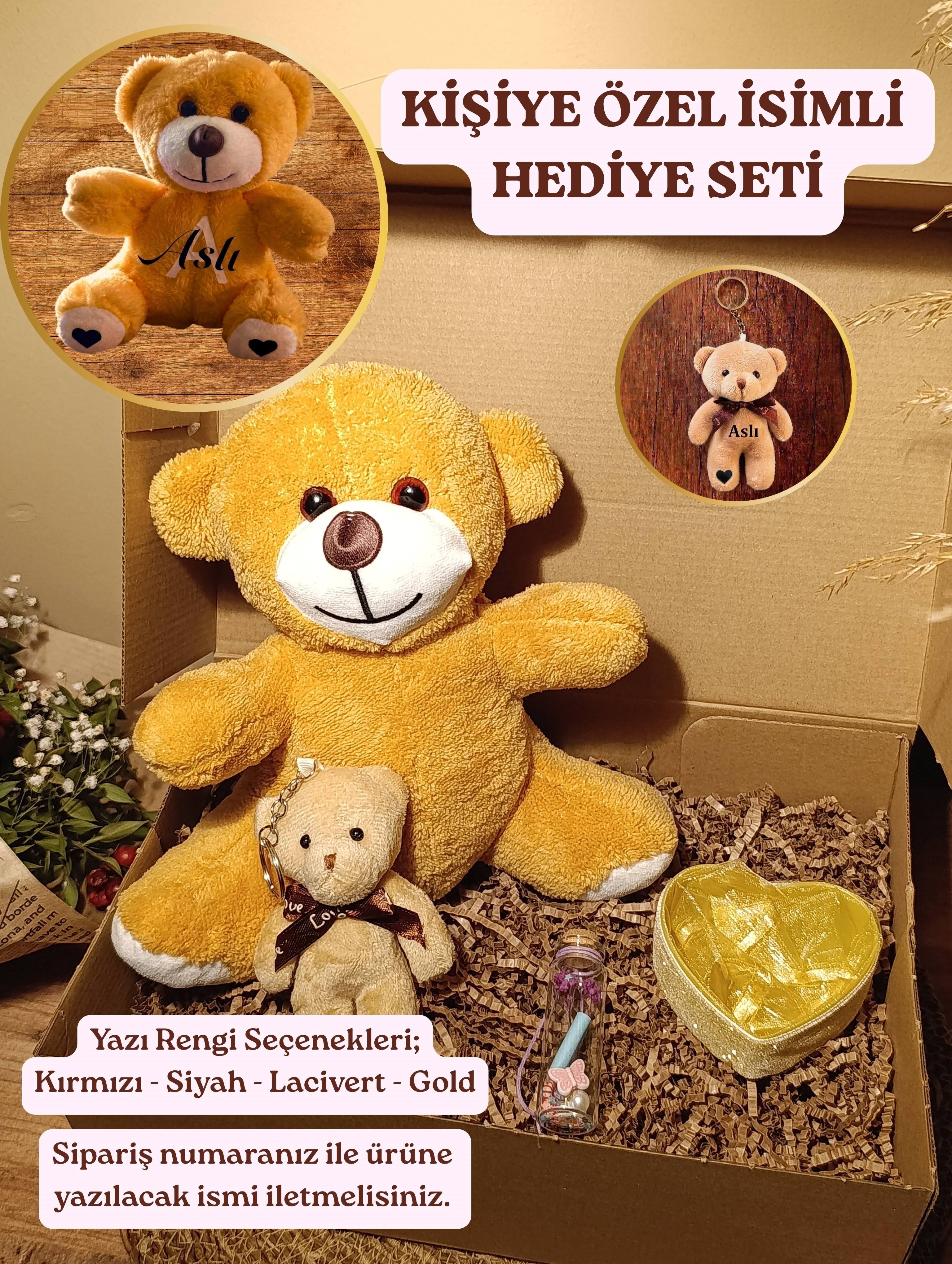 Kahverengi Ayıcık 25cm - Ayıcık Anahtarlık - Dilek Şişesi - Kalp Tüllü Kutu Hediye Seti