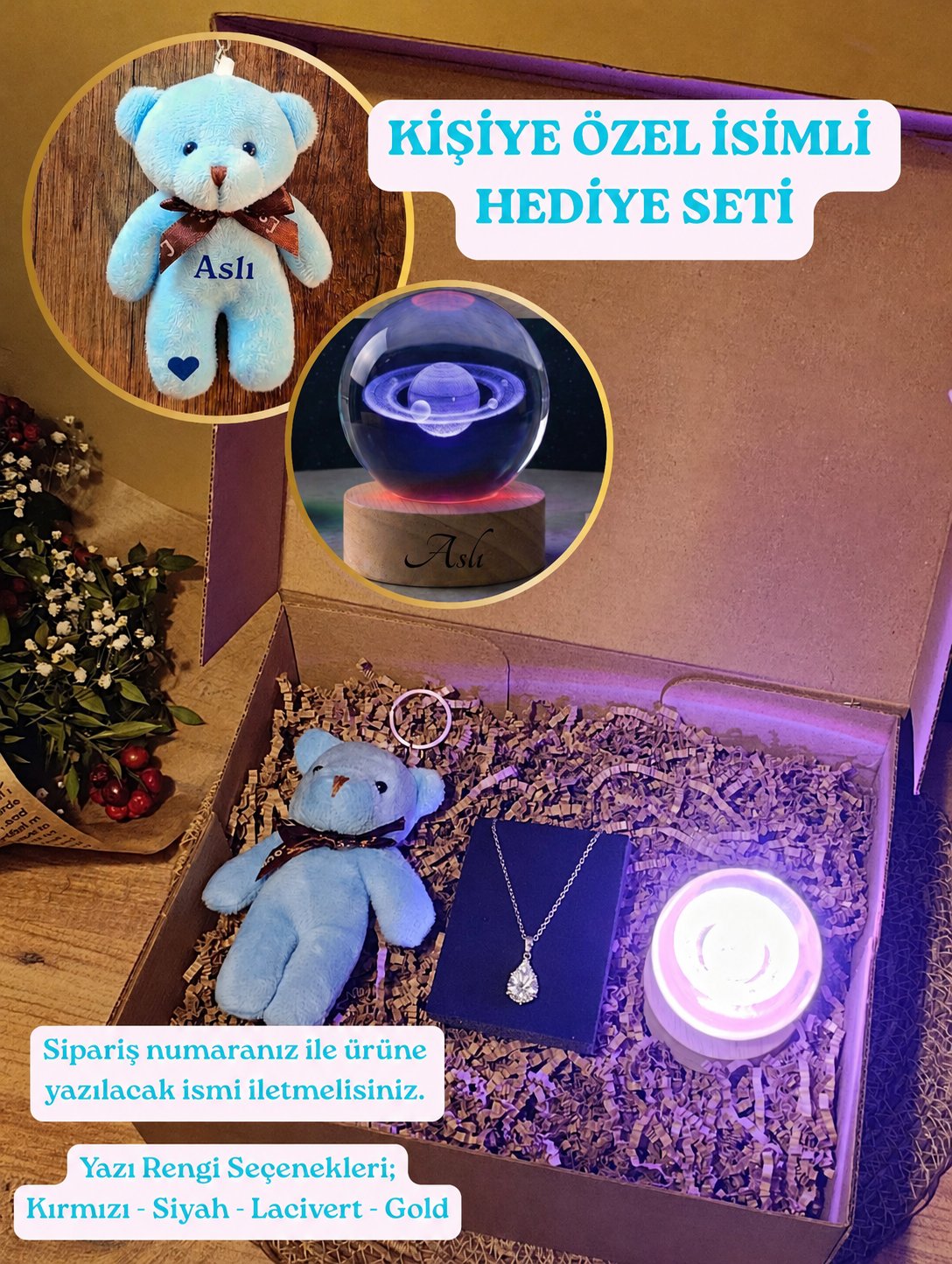 Kutulu Hediye Seti / Ayıcık Anahtarlık - Kalp Çelik Kolye - Ahşap  Renk Değiştiren USB'li Cam Küre