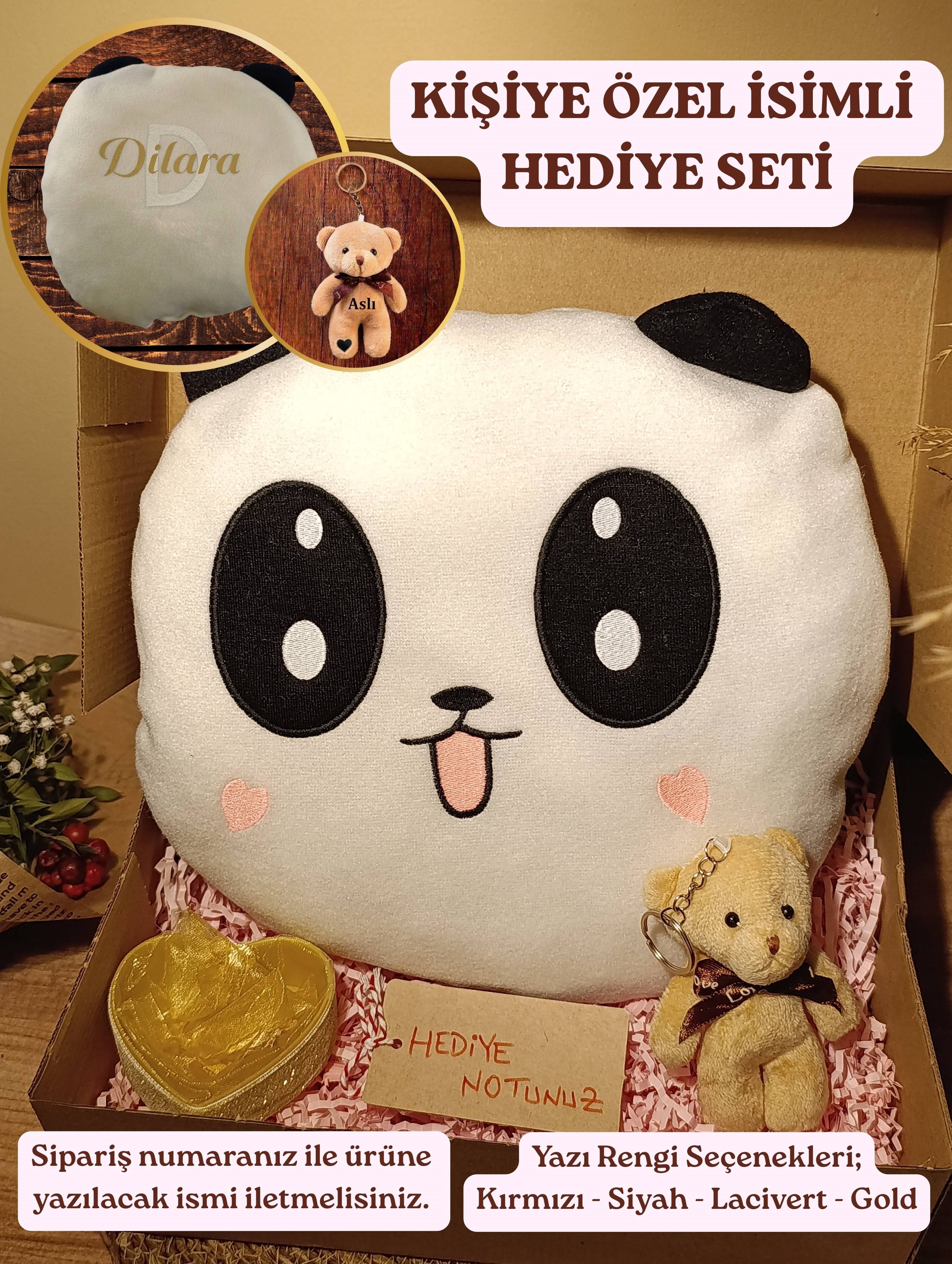 Kutulu Hediye Seti / Panda Yastık 35cm, Ayıcık Anahtarlık ve Kalp Şeklinde Tüllü Kutu
