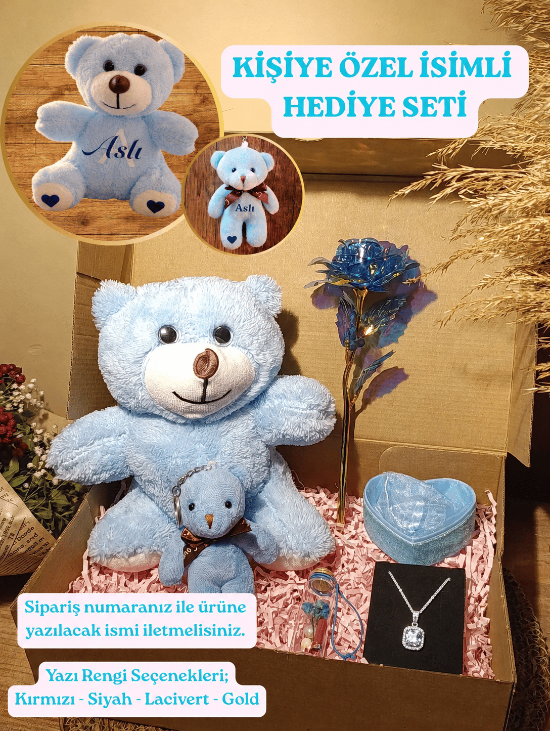 Mavi Ayıcık 25cm - Anahtarlık - Dilek Şişesi - Kalpli Kutu - Sonsuzluk Gülü - Kolye Hediye Seti