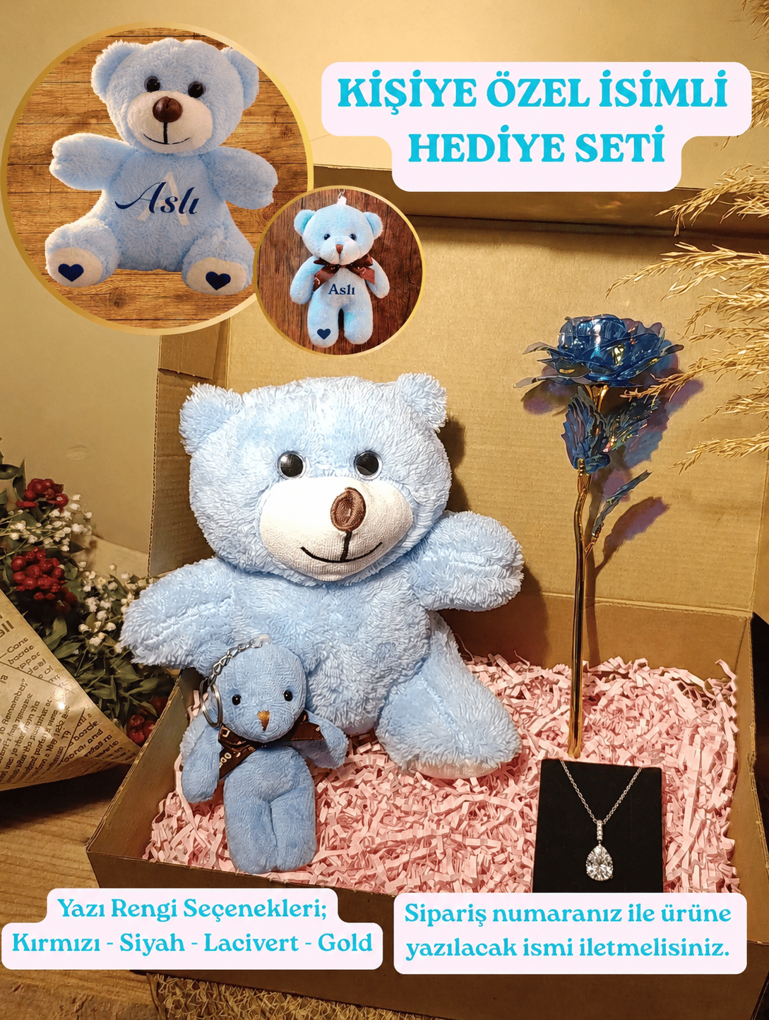 Mavi Ayıcık 25cm - Ayıcık Anahtarlık - Çelik Kalp Kolye - Sonsuzluk Gülü Hediye Seti