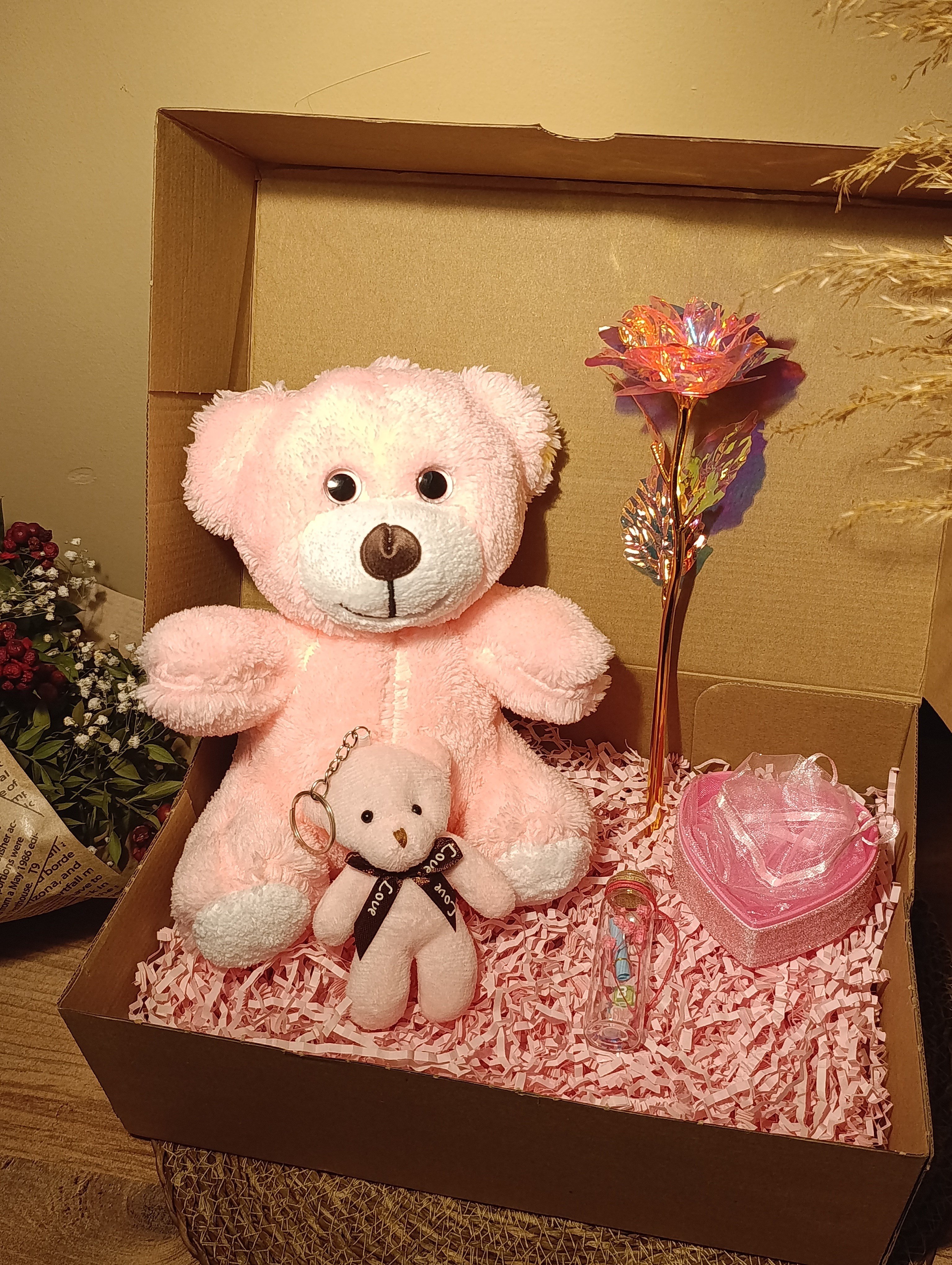 Pembe Ayıcık 25cm - Ayıcık Anahtarlık - Dilek Şişesi - Kalp Tüllü Kutu - Sonsuzluk Gülü Hediye Seti