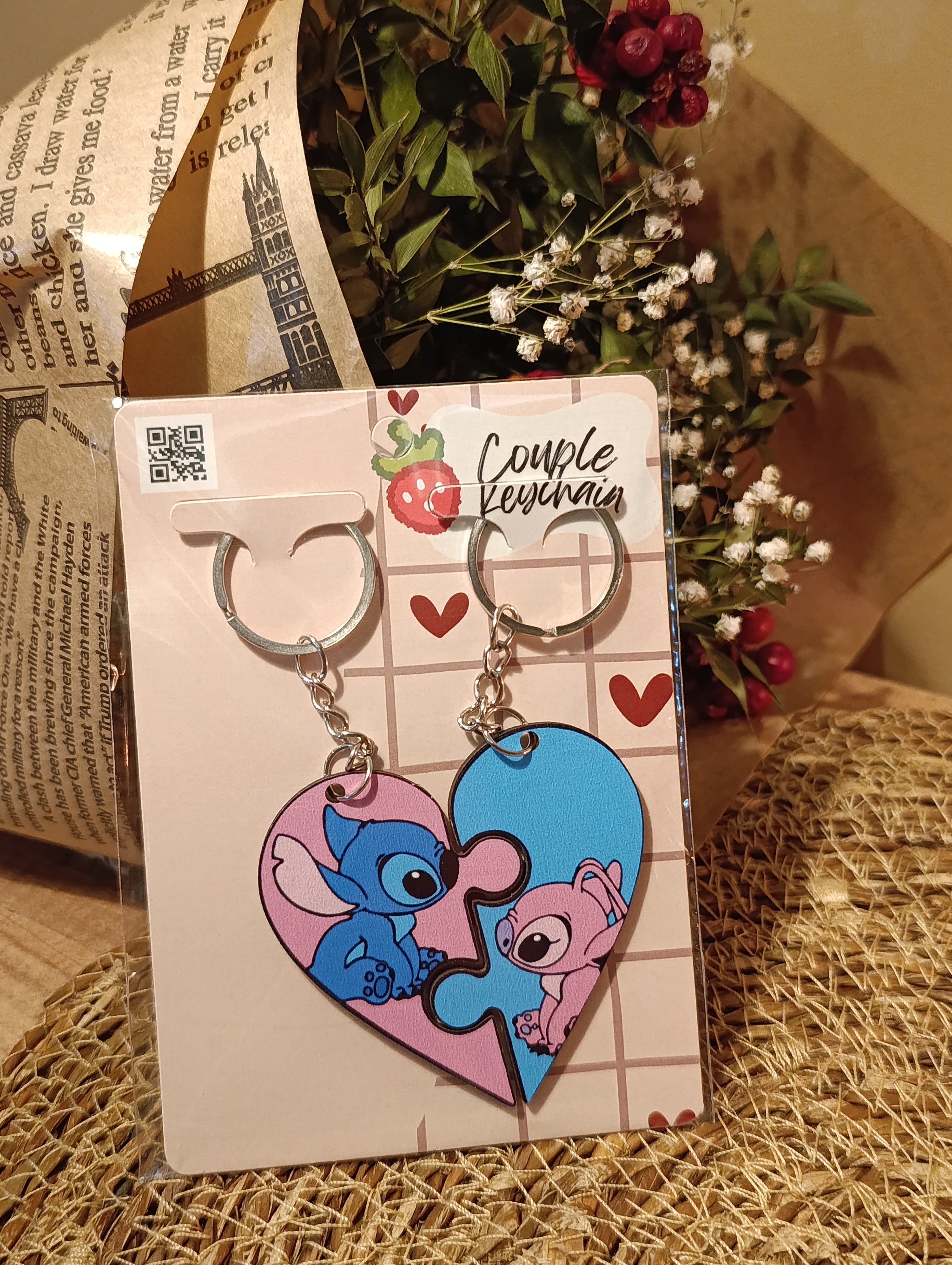 Stitch ve Angel Puzzle Sevgili / Çift Anahtarlığı 