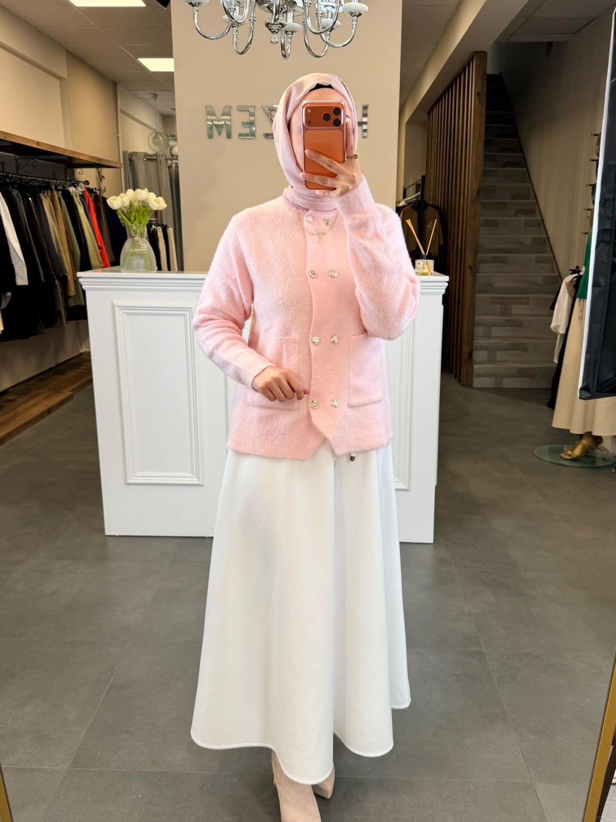 Angora Gold Button Ceket Kazak & Ekru Kloş Etek Kombini