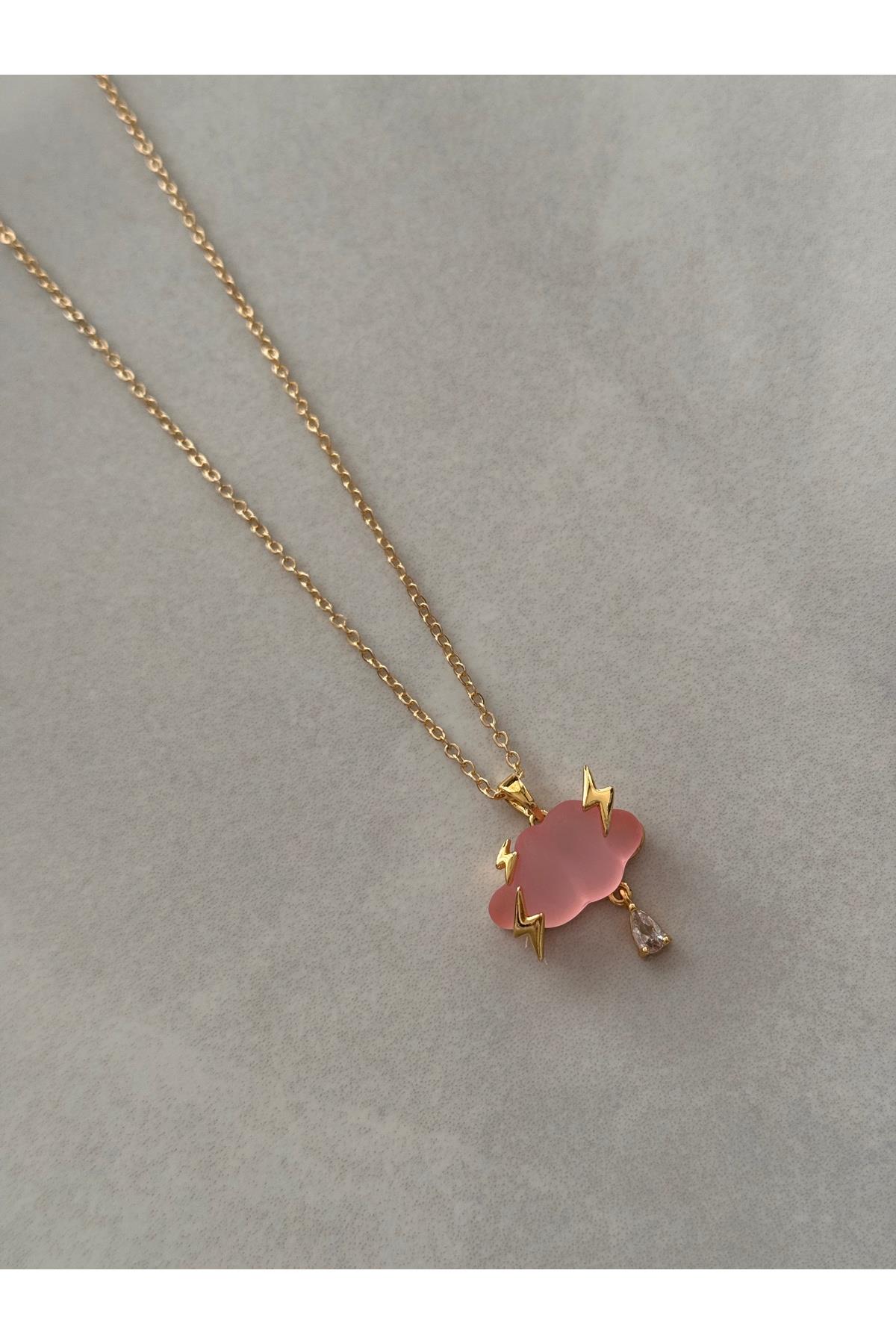 14k Altın Kaplama Zirkon Taşlı Pembe Bulut Kolye | Zincir Kolye | Charm Kolye | Bulut Şimşek Kolye