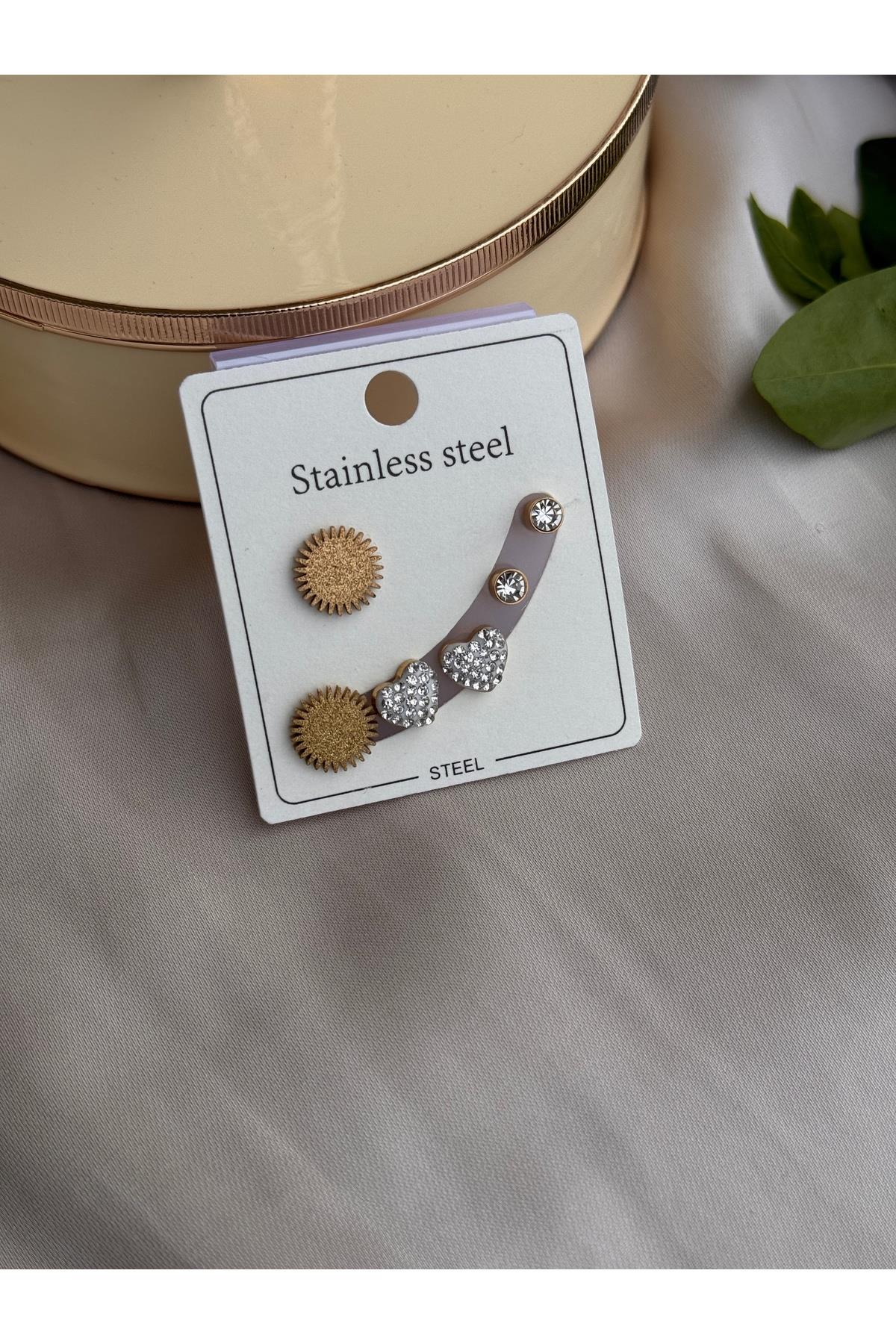 316 L Paslanmaz Çelik Küpe Set | Zirkon Taşlı Minimal Küpe Set | Gold 3'lü Küpe Set