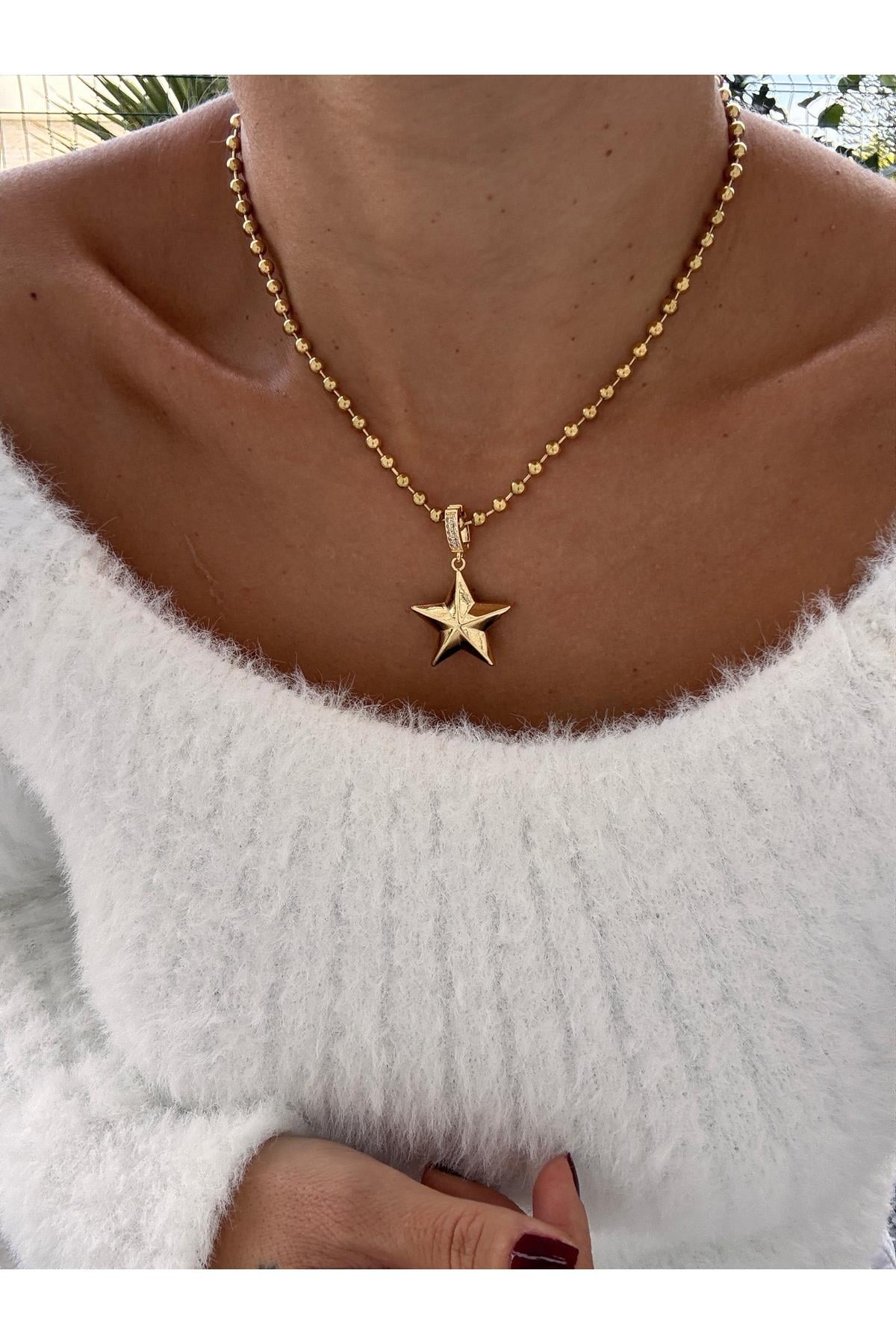 Gold Charm Top Zincir Çelik Kolye | Paslanmaz Çelik Charm Kolye | Gold Zincir Kolye