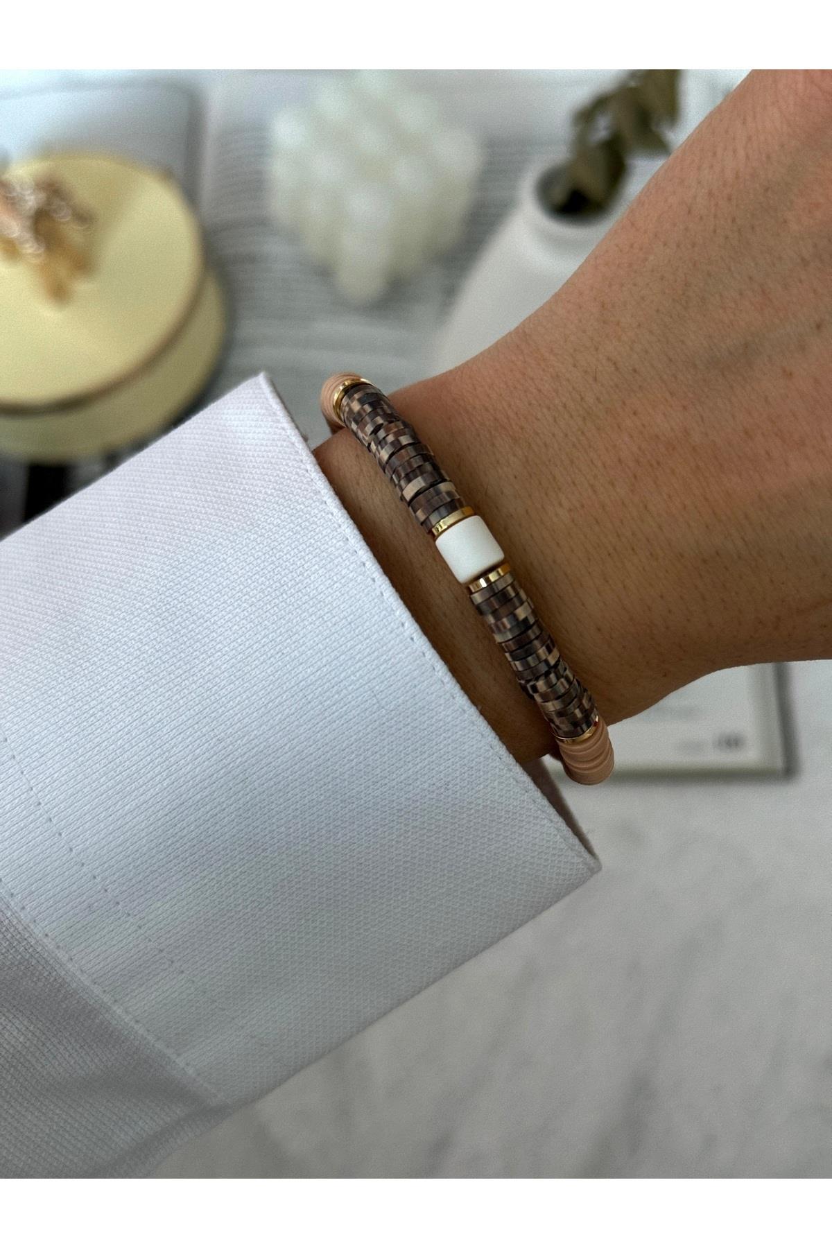 Krem Kahve Gold Detaylı Fimo Bileklik