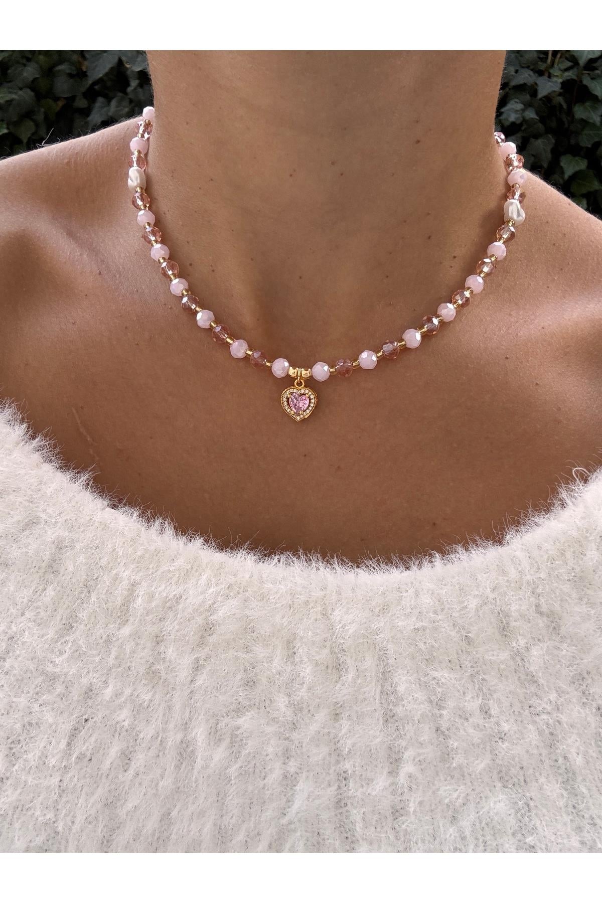 Kristal Boncuklu Prenses Kolye | Zirkon Taşlı Kalp Kolye | Pembe Kolye