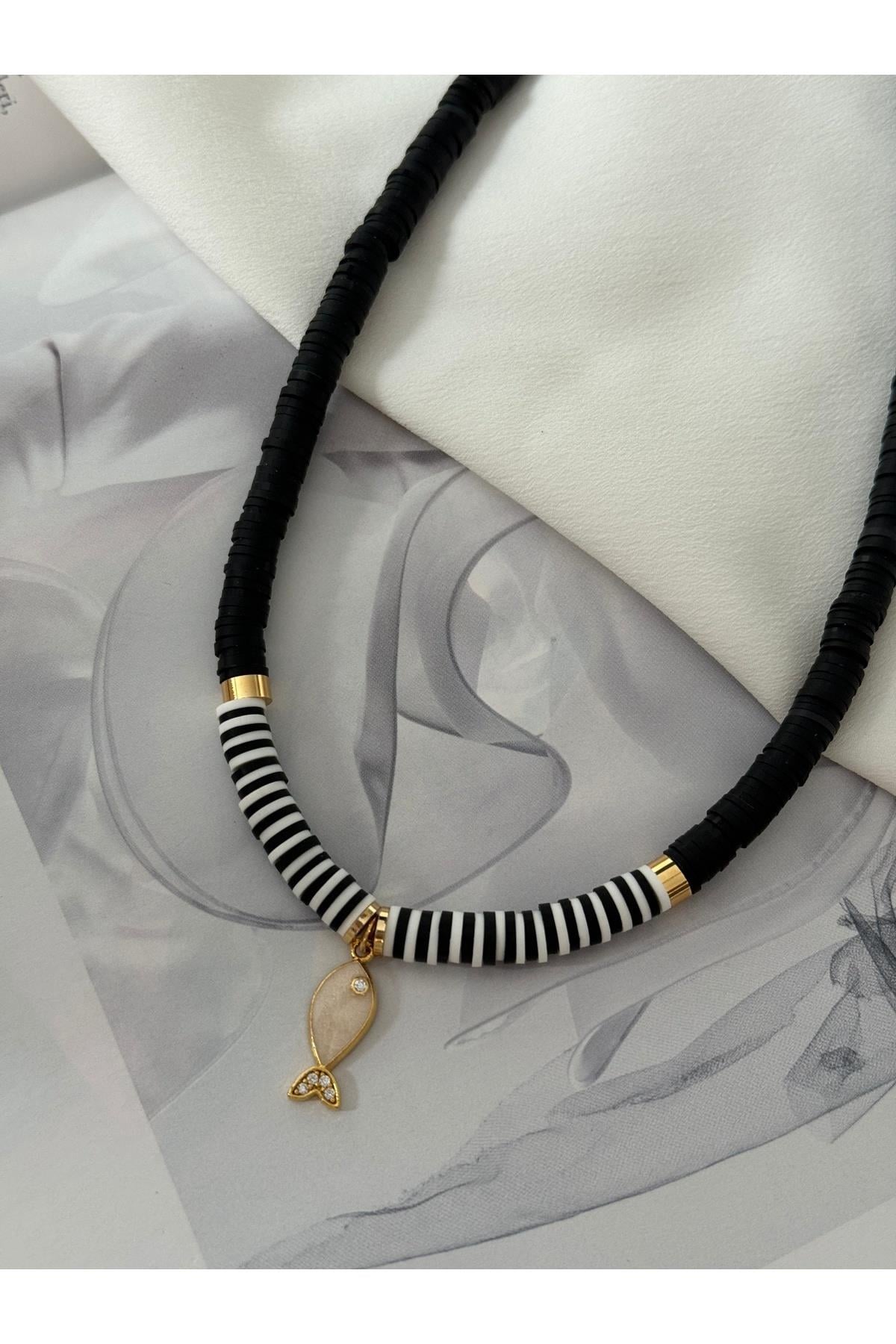 Mini Balıklı Siyah Beyaz Fimo Kolye