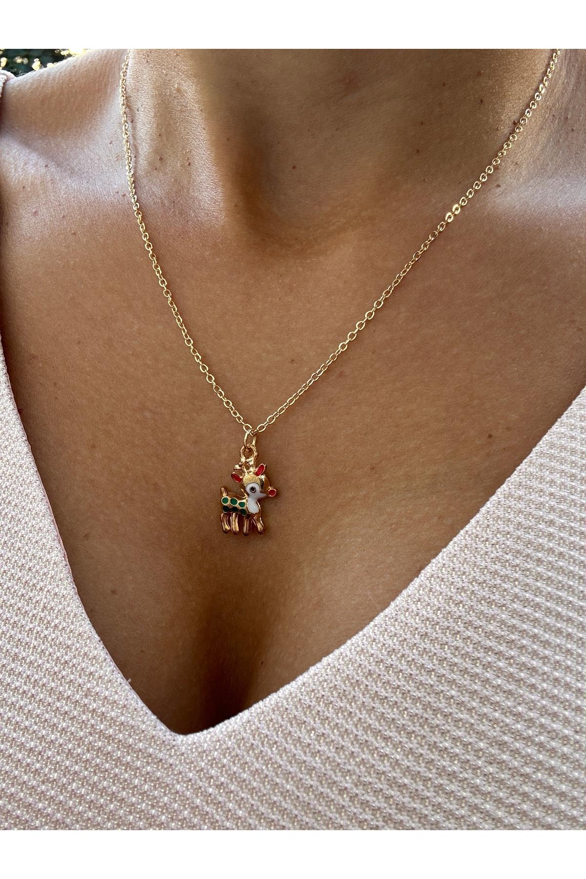 Ren Geyiği Figürlü Zarif Charm Kolye | 14k Altın Kaplama Christmas Kolye | Festival Kolyesi