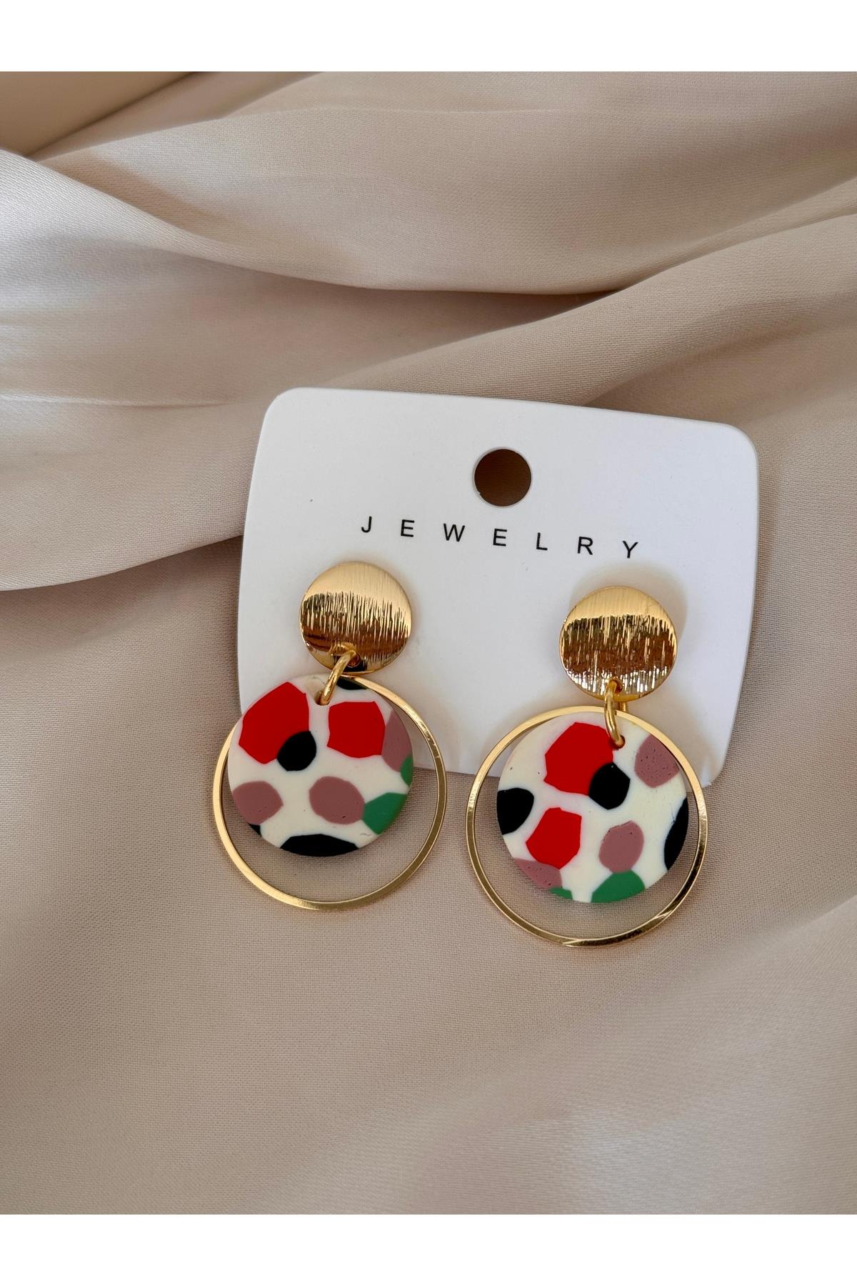 Renkli Polimer Kil Küpe | Gold Detaylı Sallantılı Renkli Küpe