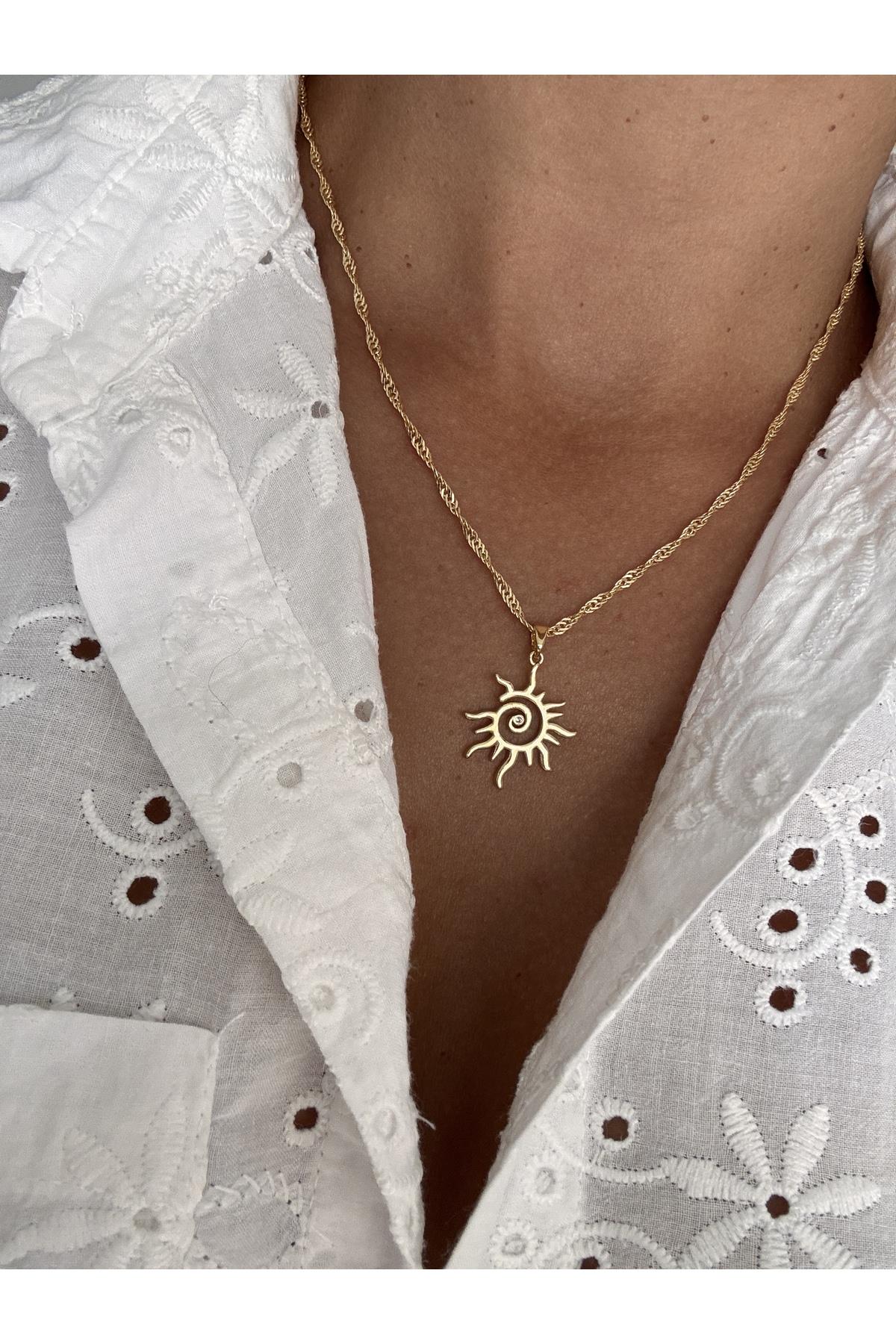 Zirkon Taşlı 14k Altın Kaplama Güneş Kolye | Zincir Kolye | Chain Necklace | Sun Figure Necklace