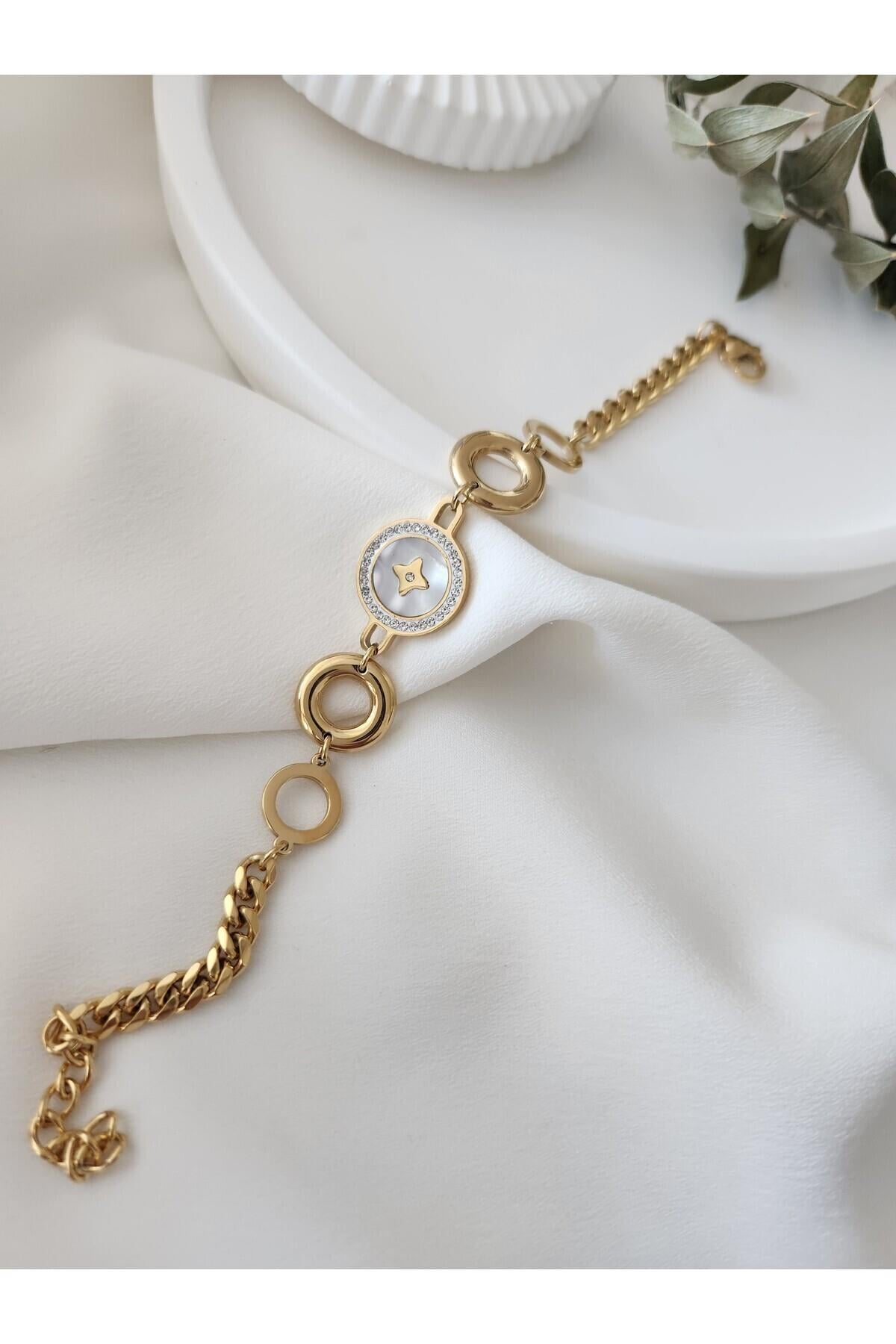 Zirkon Taşlı Ithal Paslanmaz Çelik Gold Vip Bileklik