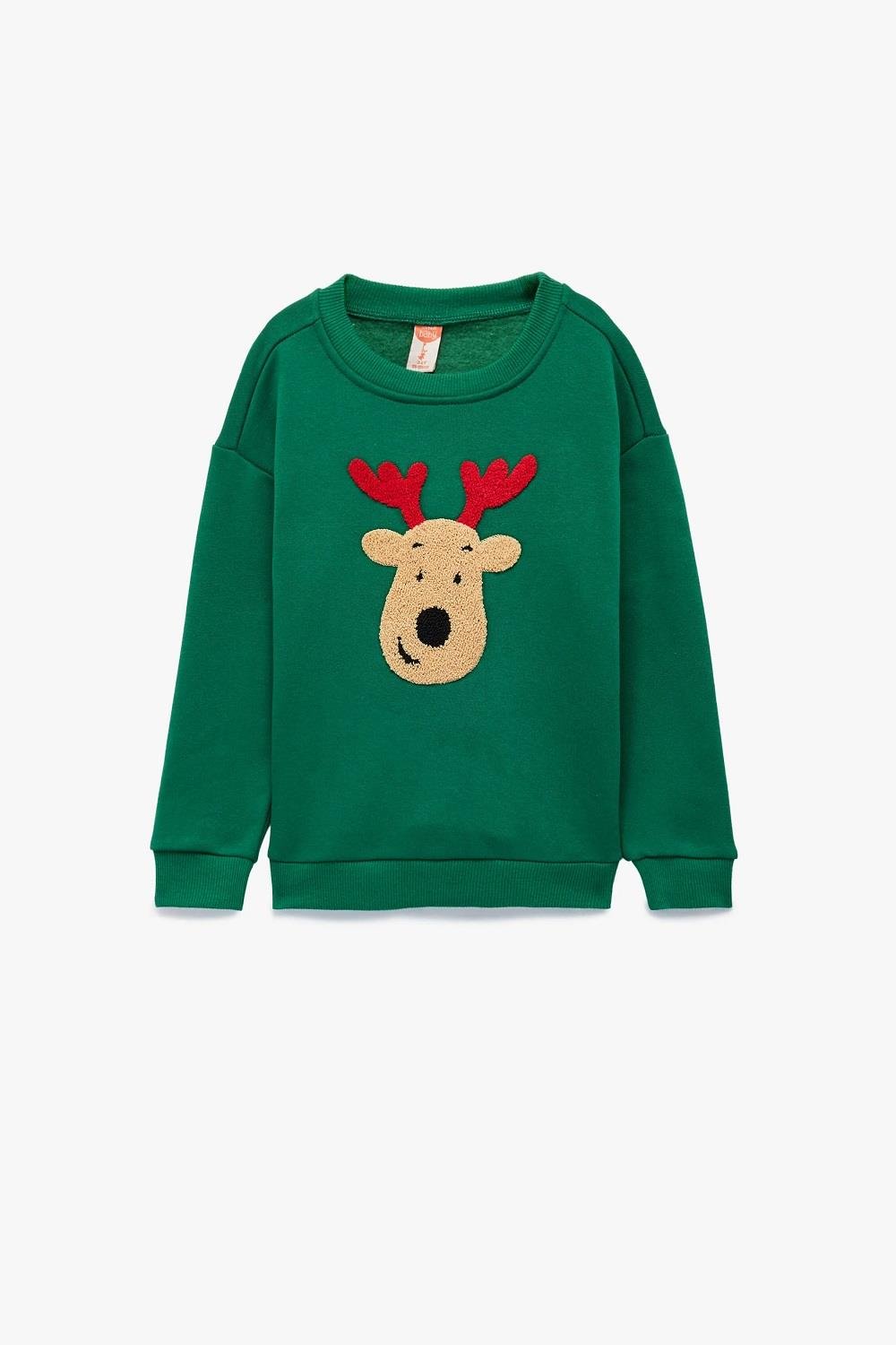 Koton Erkek Bebek Geyik Nakışlı Uzun Kollu Bisiklet Yaka Şardonlu Yılbaşı Sweatshirt