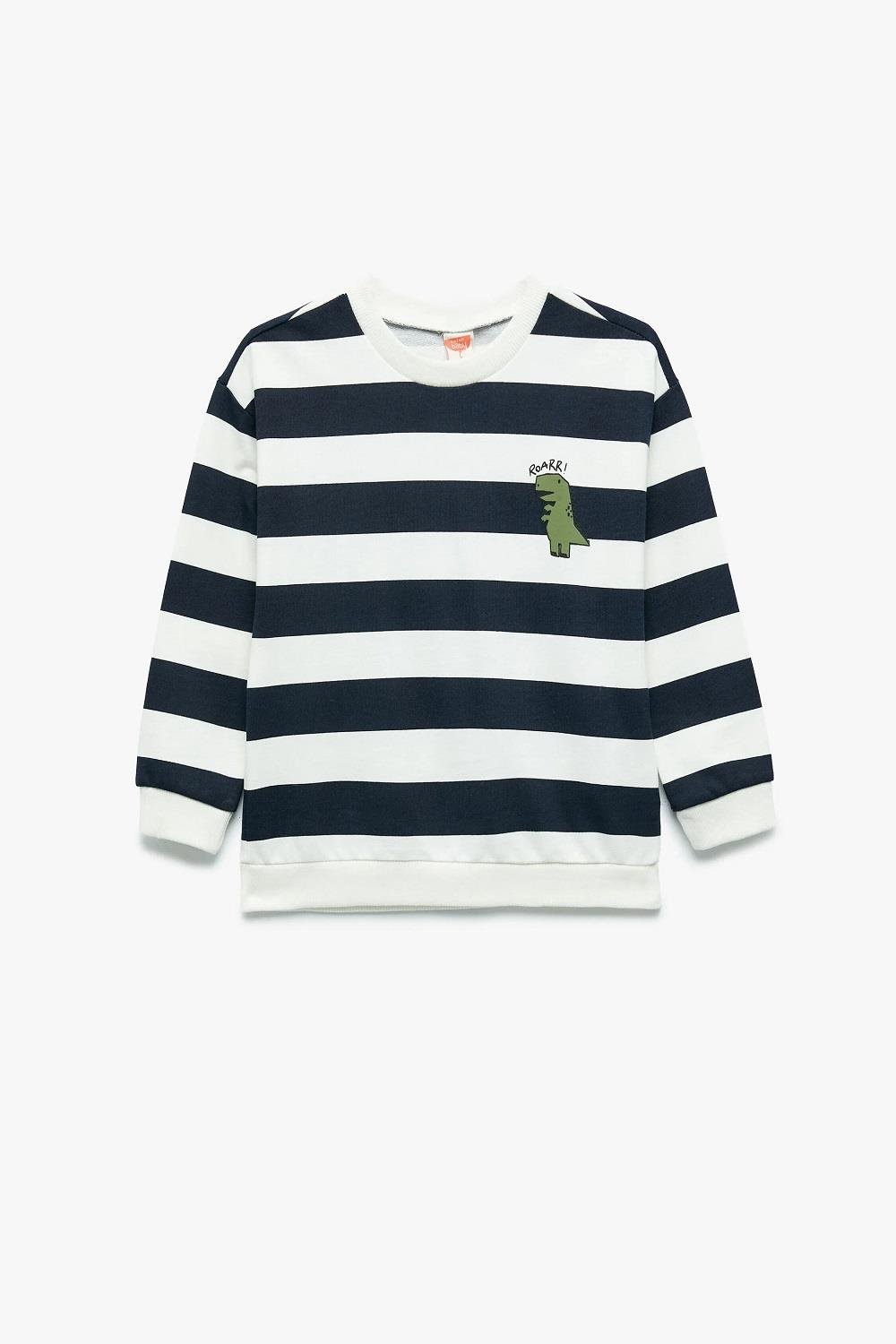 Koton Erkek Bebek Pamuklu Şardonlu Uzun Kollu Bisiklet Yaka Dinozor Baskılı Çizgili Sweatshirt