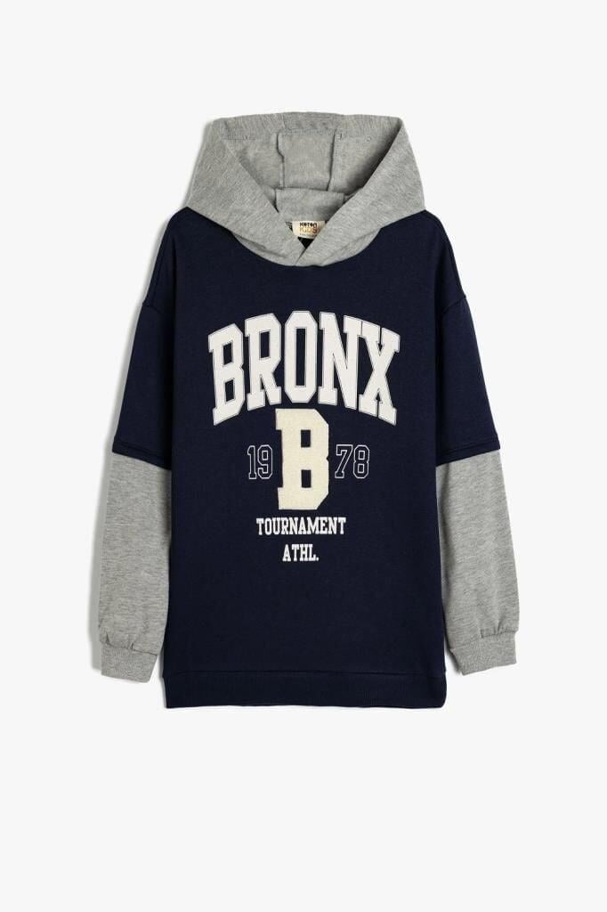 Koton Erkek Çocuk Kapşonlu Sweatshirt Renk Bloklu Brooklyn Baskılı Uzun Kollu Şardonlu
