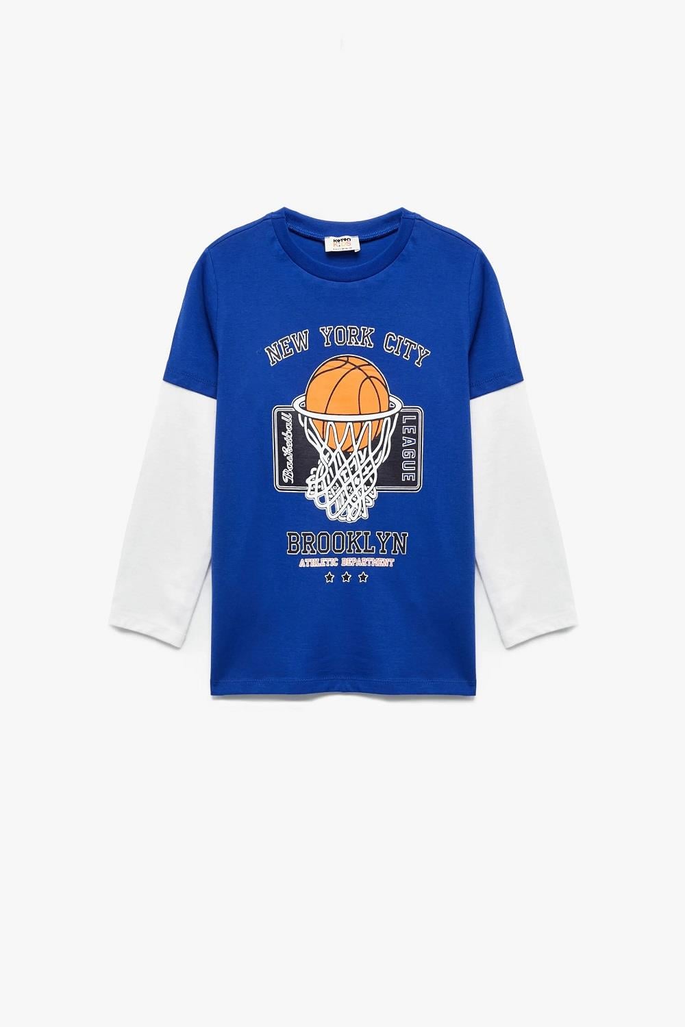 Koton Erkek Çocuk Uzun Kollu Bisiklet Yaka Basketbol Baskılı Pamuklu Tişört