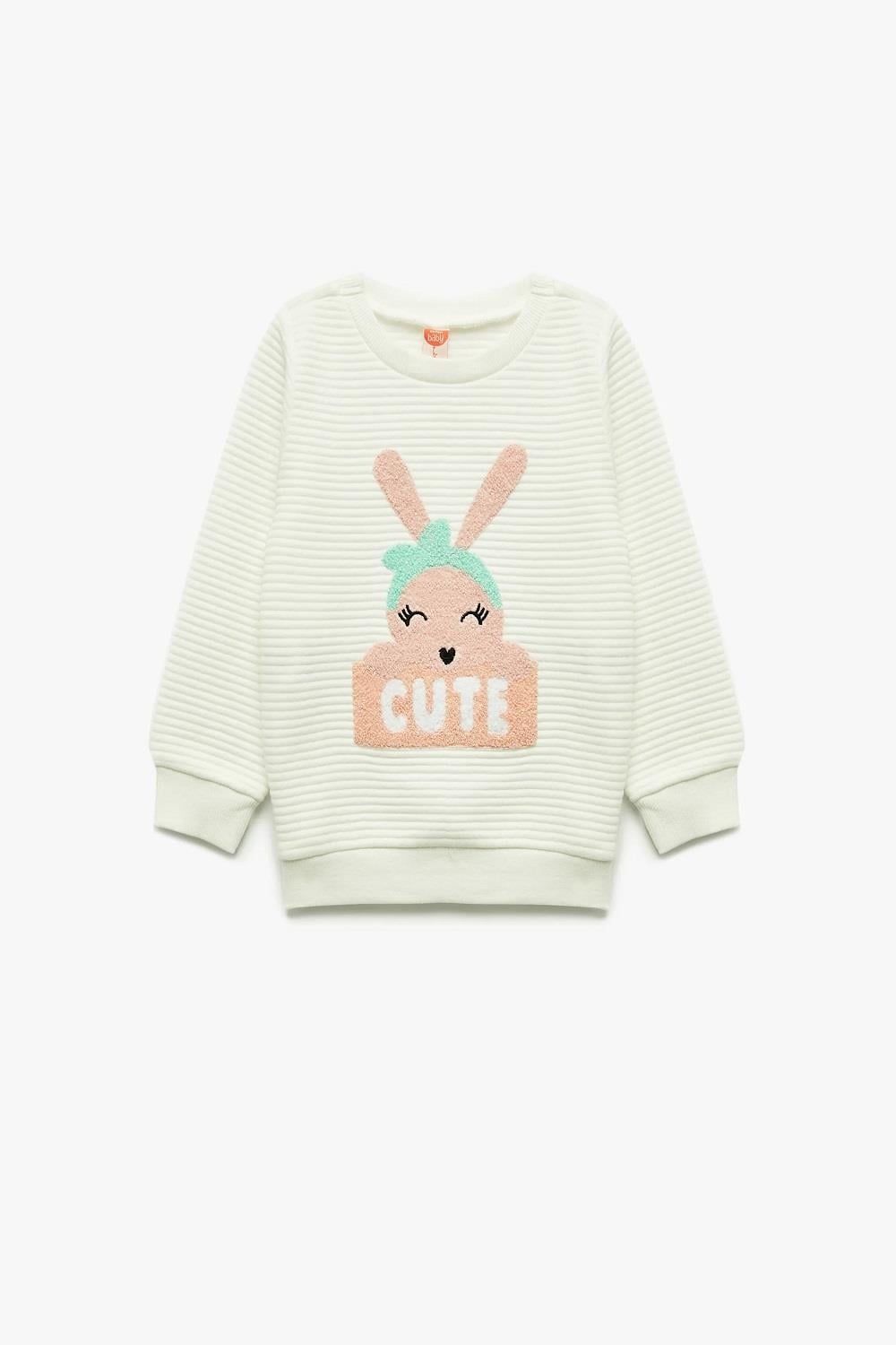 Koton Kız Bebek Bisiklet Yaka Nakışlı Dokulu Uzun Kollu Sweatshirt