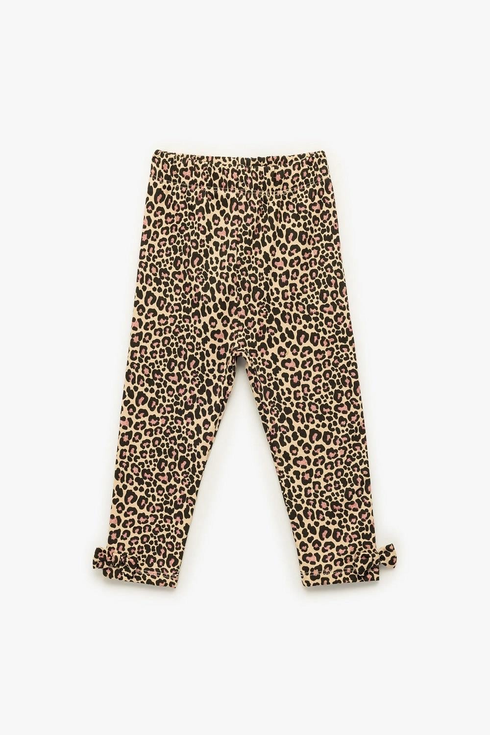 Koton Kız Bebek Leopar Desenli Fiyonklu Pamuklu Uzun Şardonlu Tayt