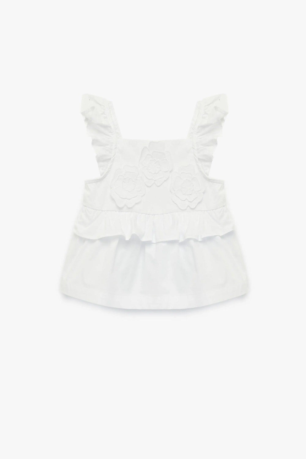 Koton Kız Bebek Pamuklu Fırfırlı Askılı Çiçek Detaylı Kare Yaka Poplin Bluz