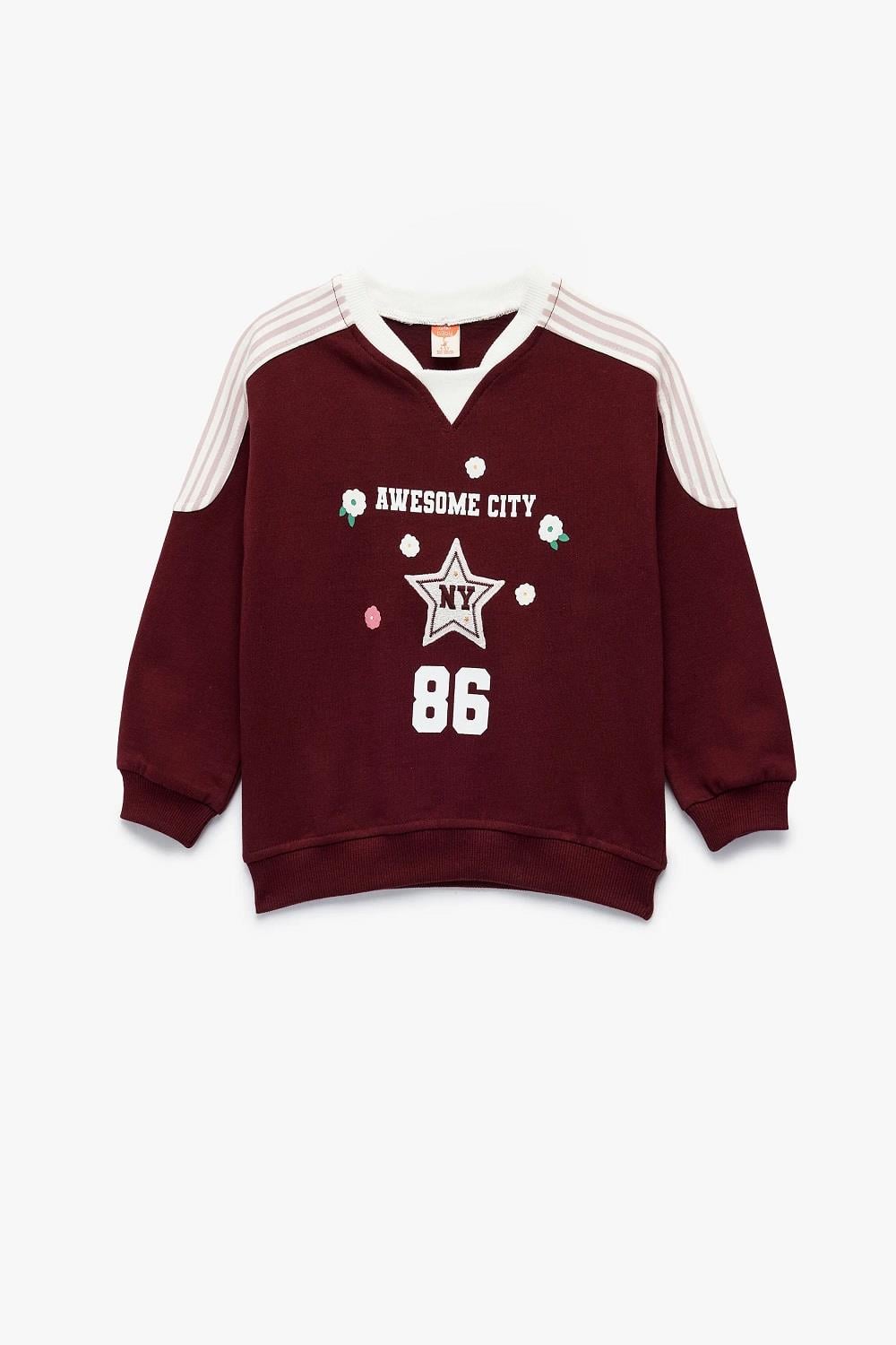 Koton Kız Bebek Şardonlu Pamuklu Uzun Kollu Renk Kontrastlı V Yaka Baskılı Sweatshirt