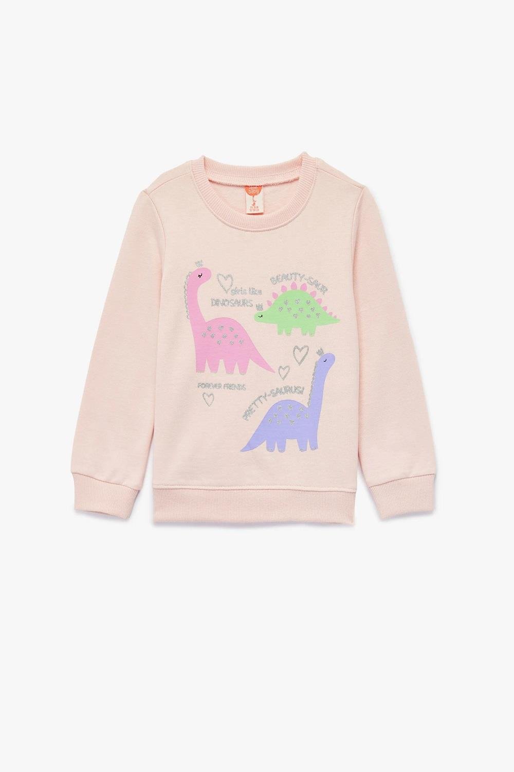 Koton Kız Bebek Uzun Kollu Bisiklet Yaka Dinozor Baskılı Şardonlu Pamuklu Sweatshirt