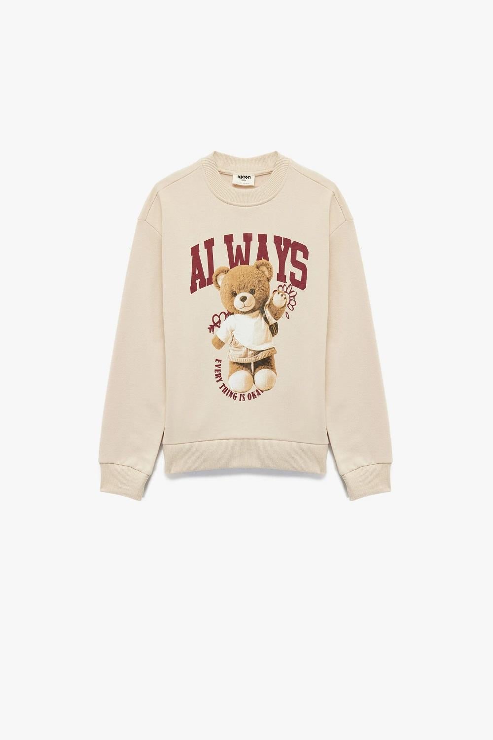 Koton Kız Çocuk Pamuklu Uzun Kollu Bisiklet Yaka Ayıcık Baskılı Şardonlu Sweatshirt