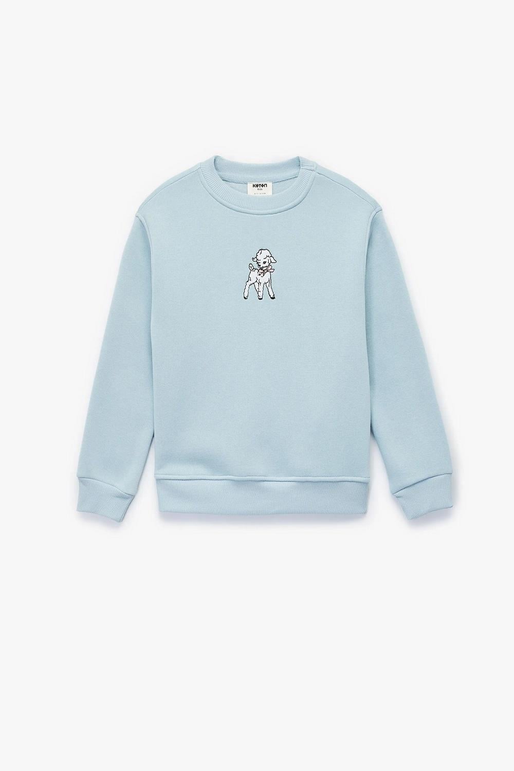 Koton Kız Çocuk Uzun Kollu Bisiklet Yaka Kuzu Nakış Detaylı Şardonlu Sweatshirt