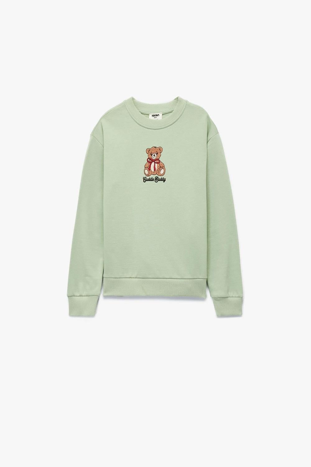 Koton Kız Çocuk Uzun Kollu Bisiklet Yaka Ayıcık Nakışlı Pamuklu Şardonlu Sweatshirt