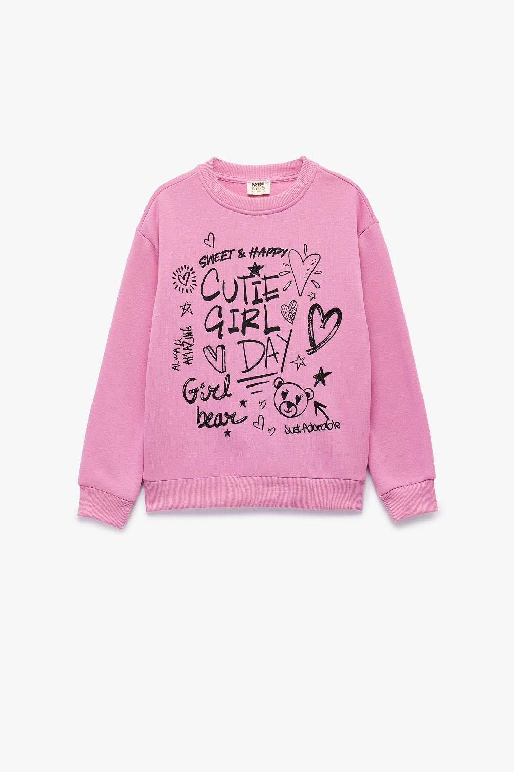 Koton Kız Çocuk Uzun Kollu Bisiklet Yaka Şardonlu Baskılı Sweatshirt