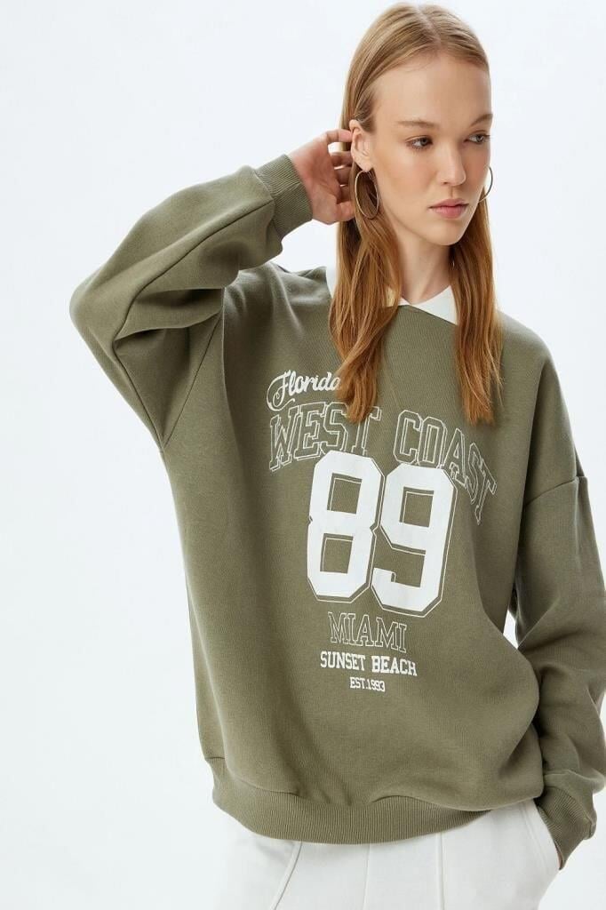 Koton Polo Yaka Sweatshirt Oversize Slogan Baskılı Şardonlu