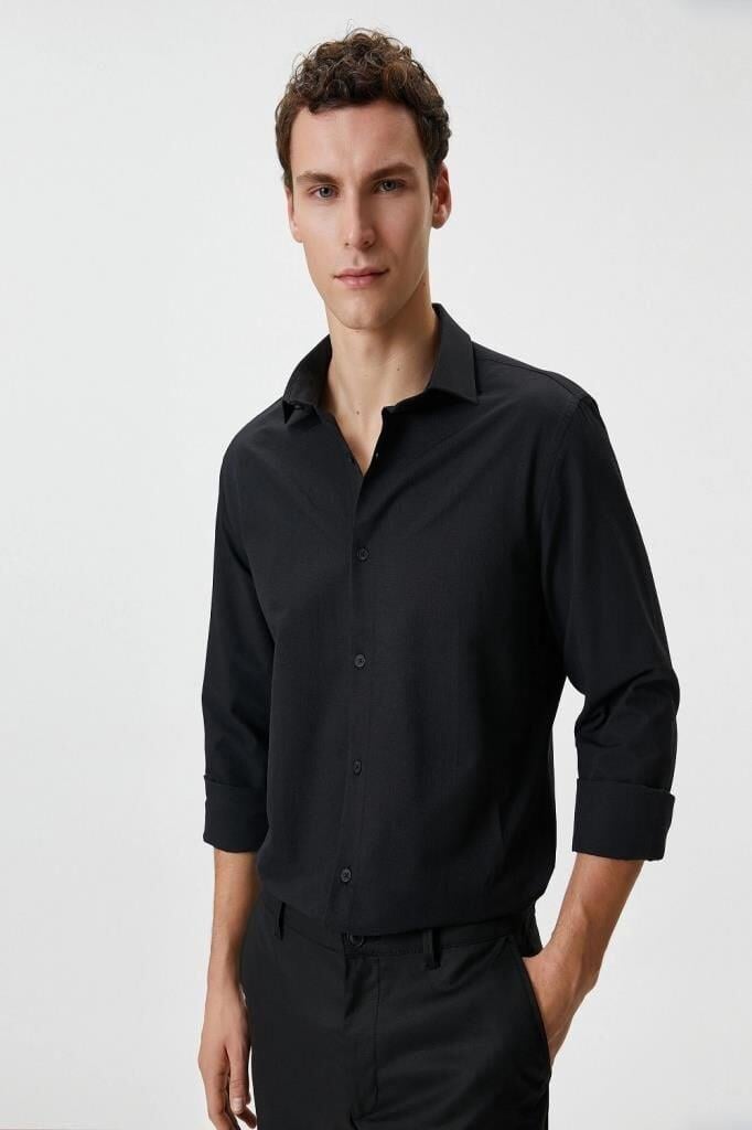 Koton Slim Fit Gömlek Yarım İtalyan Yaka Düğmeli Dokulu