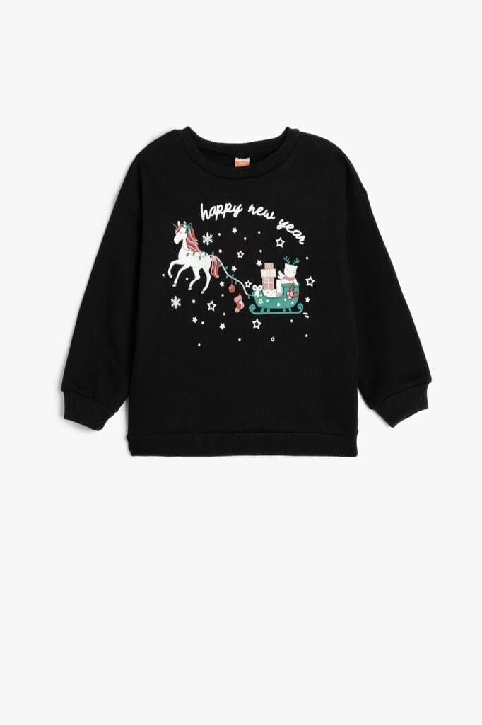 KotonKız Bebek Sweatshirt Yılbaşı Baskılı Uzun Kollu Bisiklet Yaka Pamuklu Şardonlu