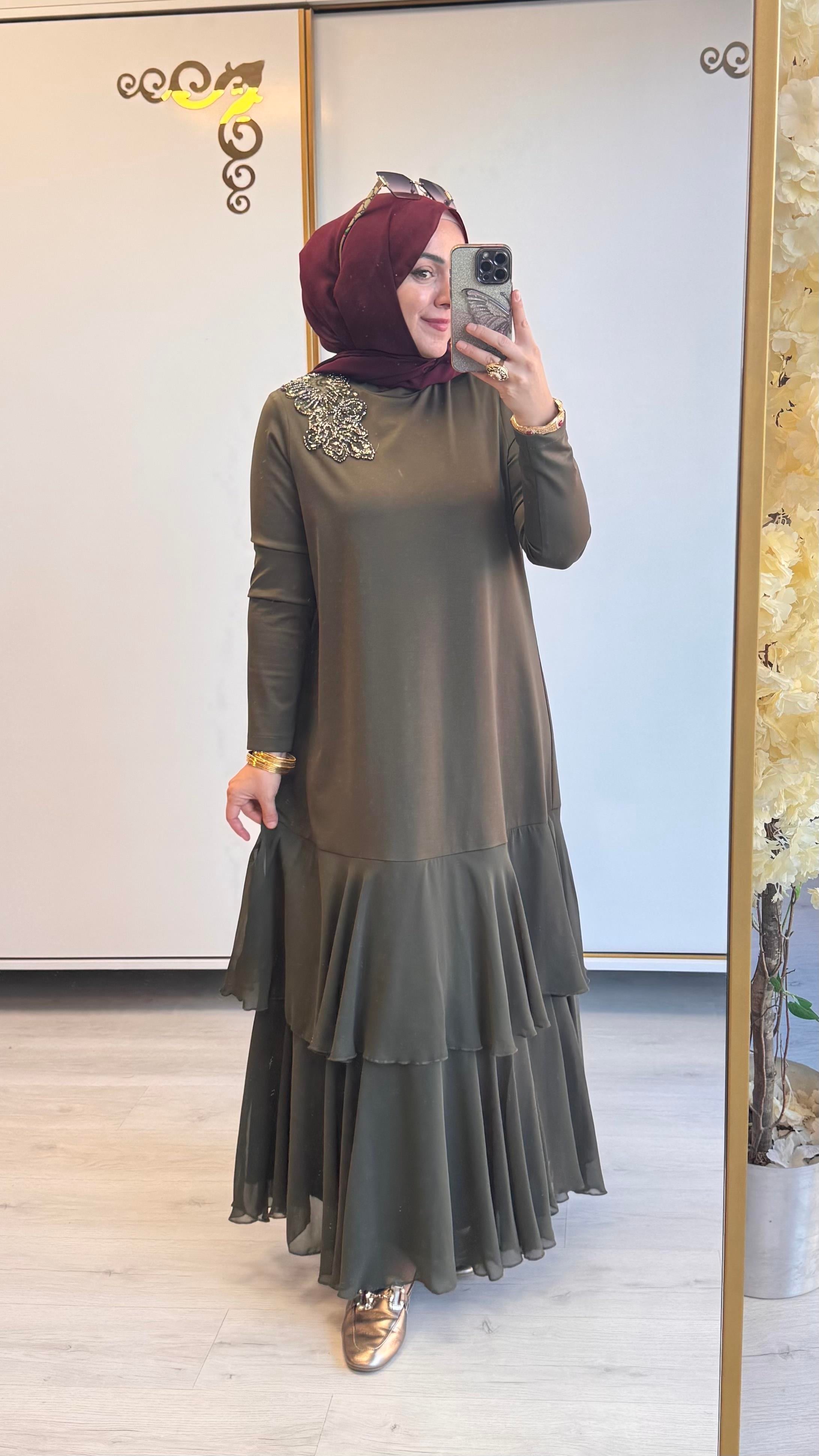 Nurcan Çetin Şifon Detaylı Elbise Haki