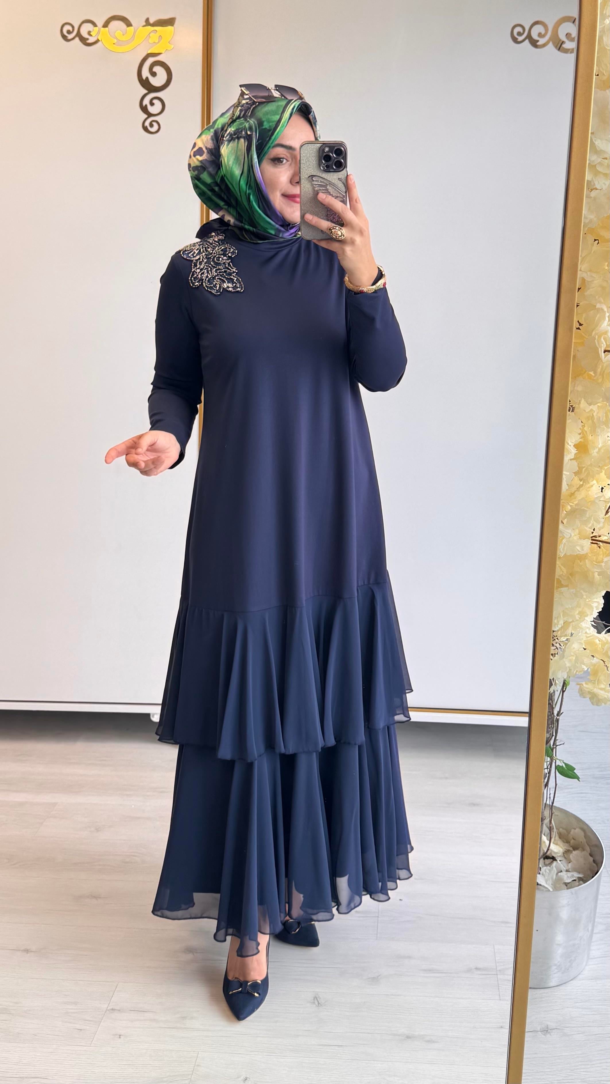 Nurcan Çetin Şifon Detaylı Elbise Mavi