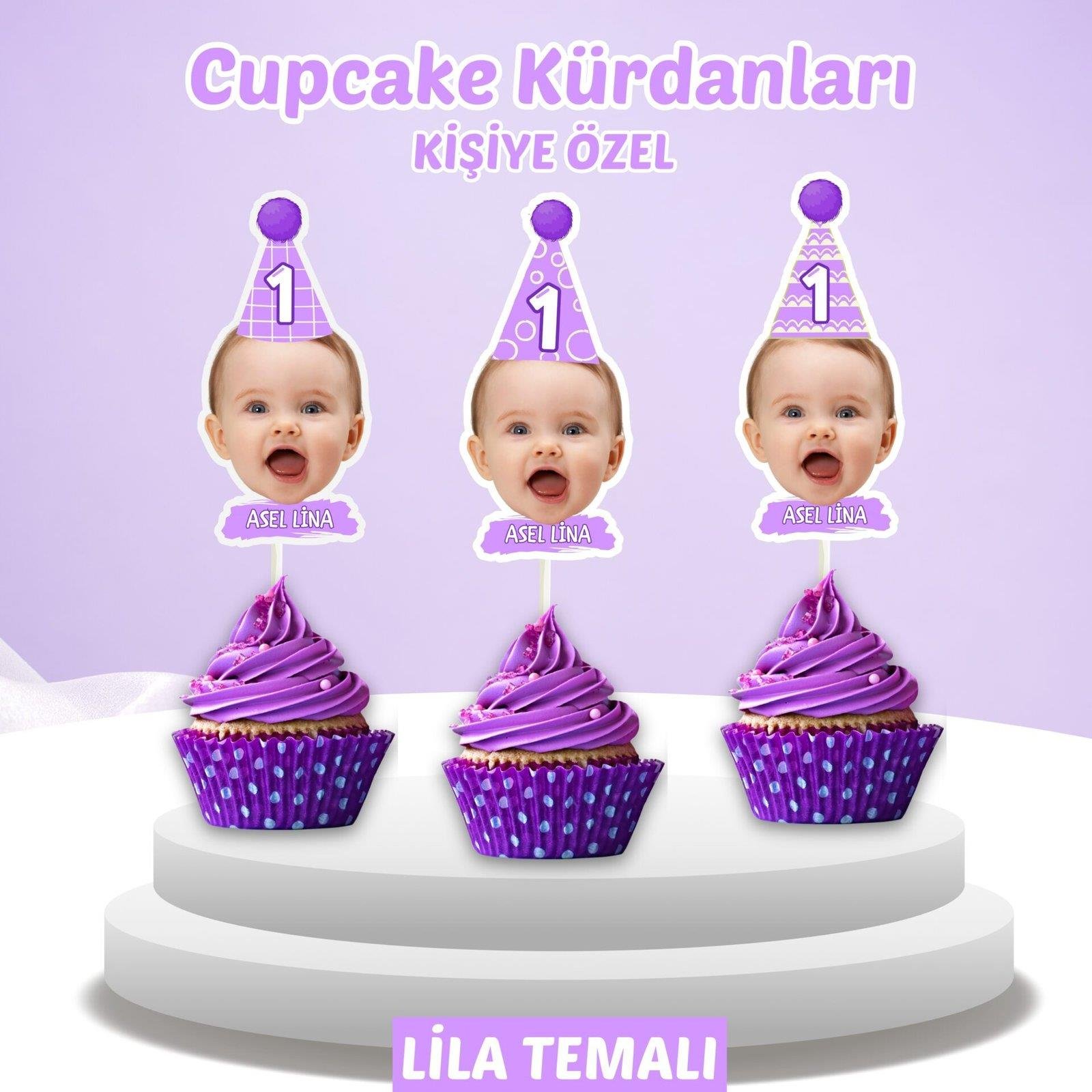 Resimli Cupcake Kürdanı - Lila Temalı