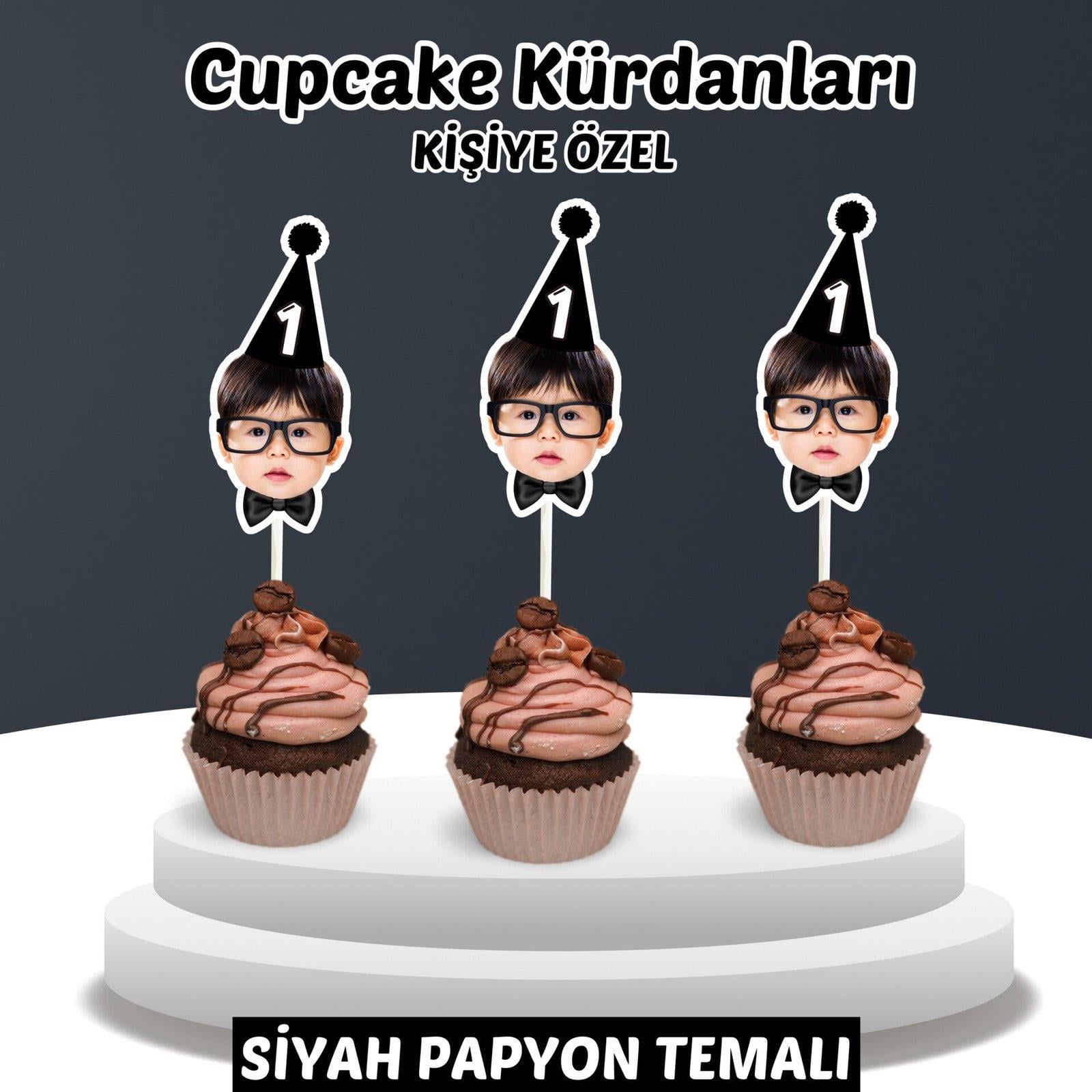 Resimli Cupcake Kürdanı - Siyah Papyon Temalı